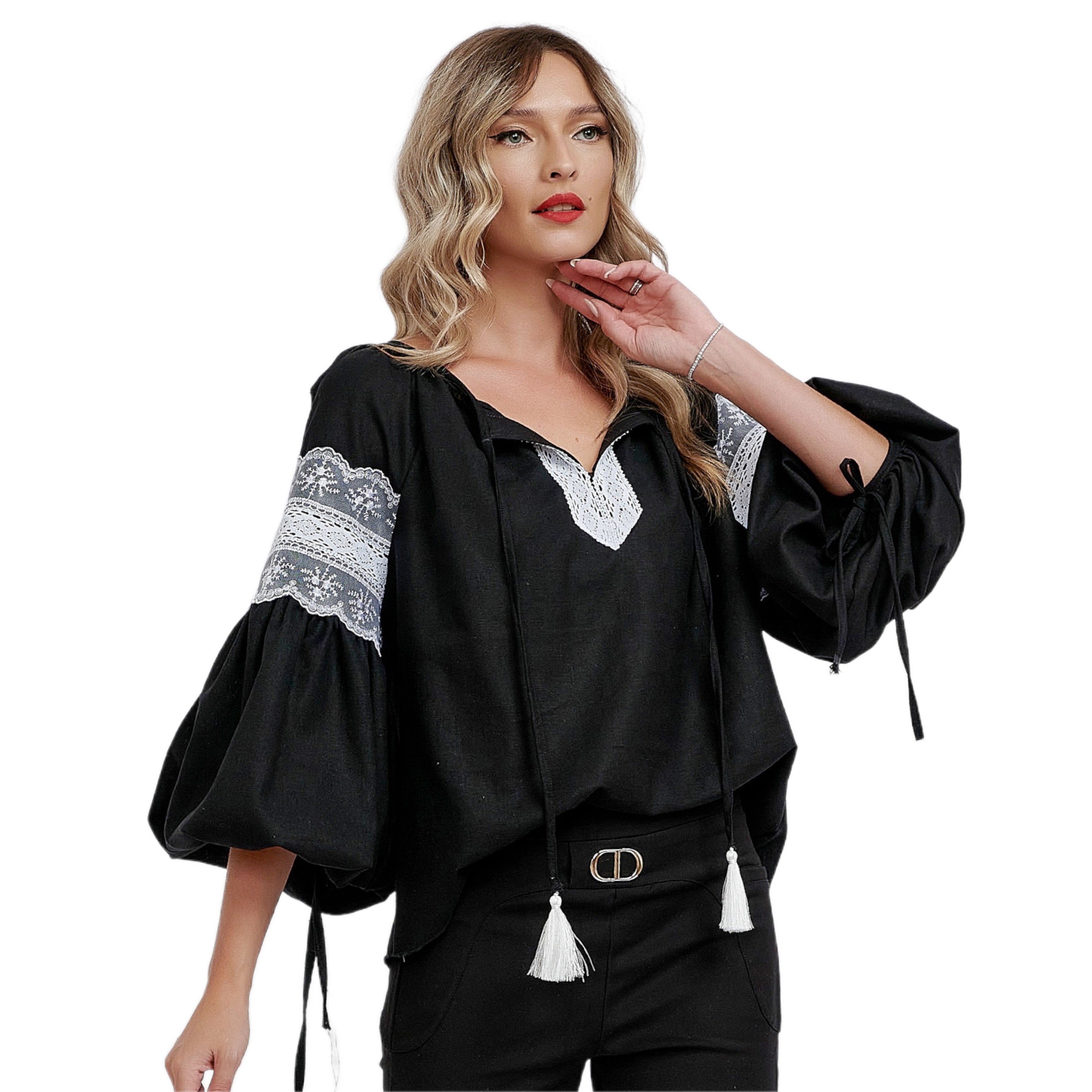 IE Nationala neagra  din in natural, cu maneci bufante si dantela brodata - Sabina