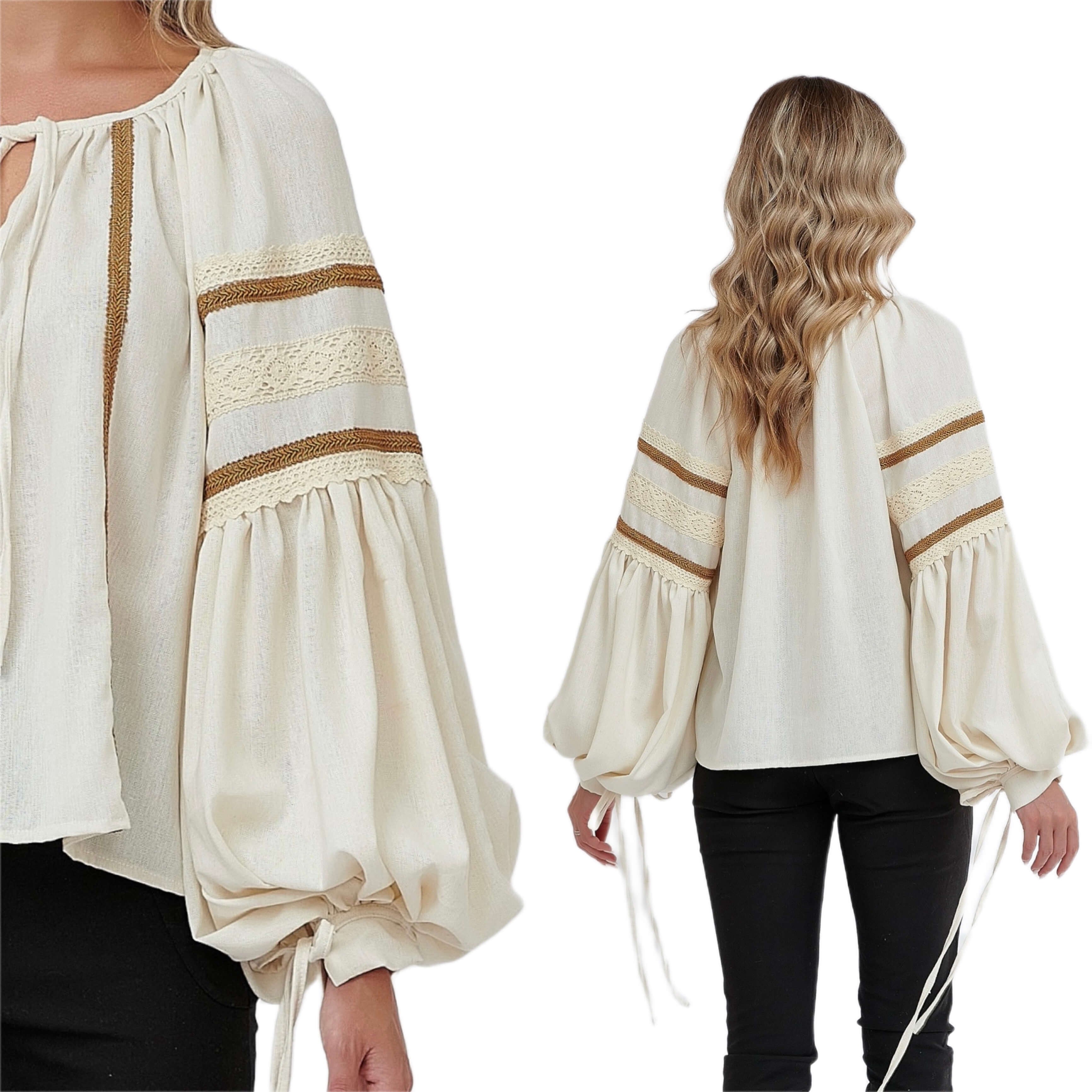 IE Nationala moderna din in natural, crem, cu maneci bufante si dantela brodata - Ilinca