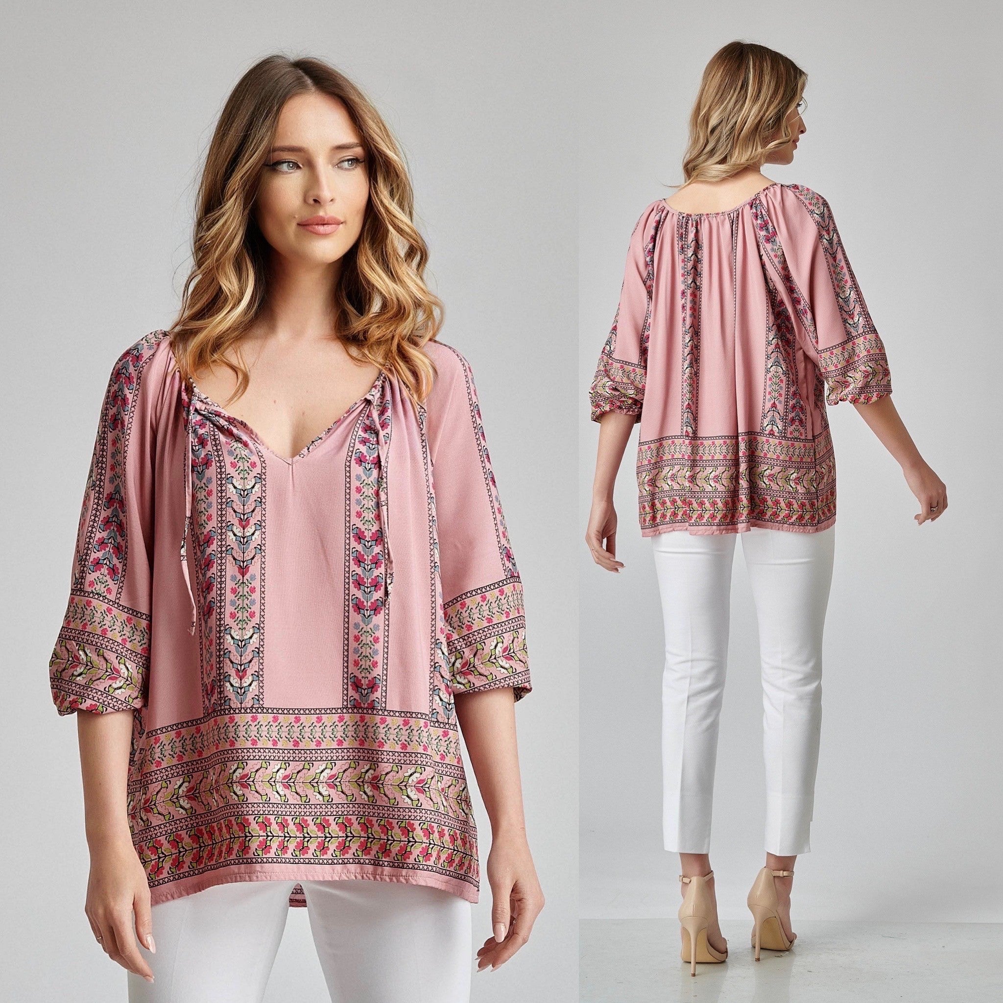 Bluza vaporoasa roz cu imprimeu - Sorana 02