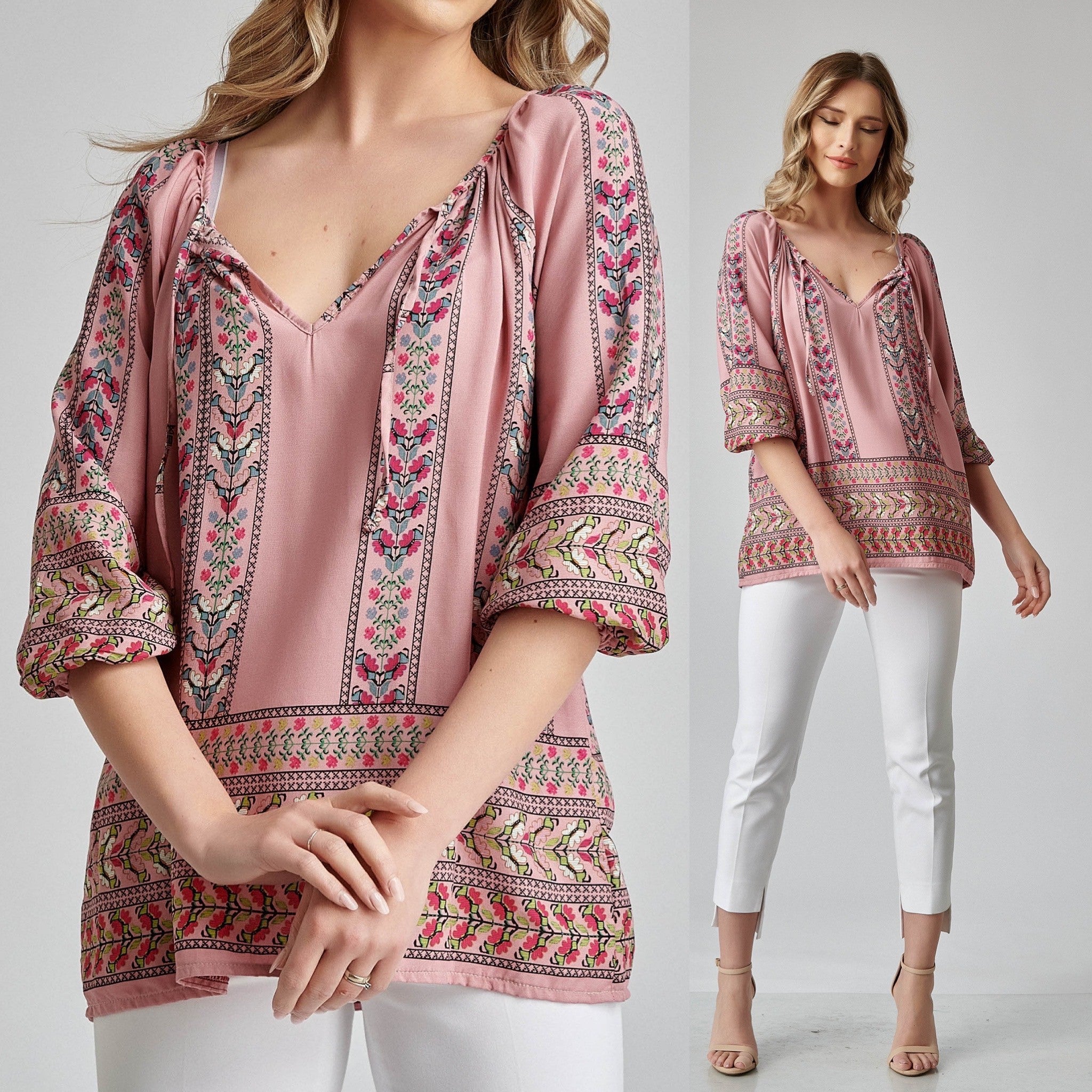 Bluza vaporoasa roz cu imprimeu - Sorana 02