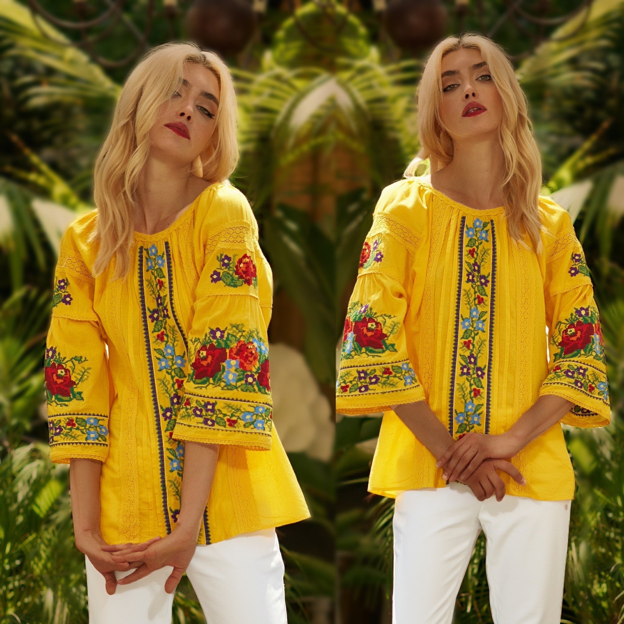 Bluza tip ie traditionala galbena cu dantela si flori brodate - Livia 01