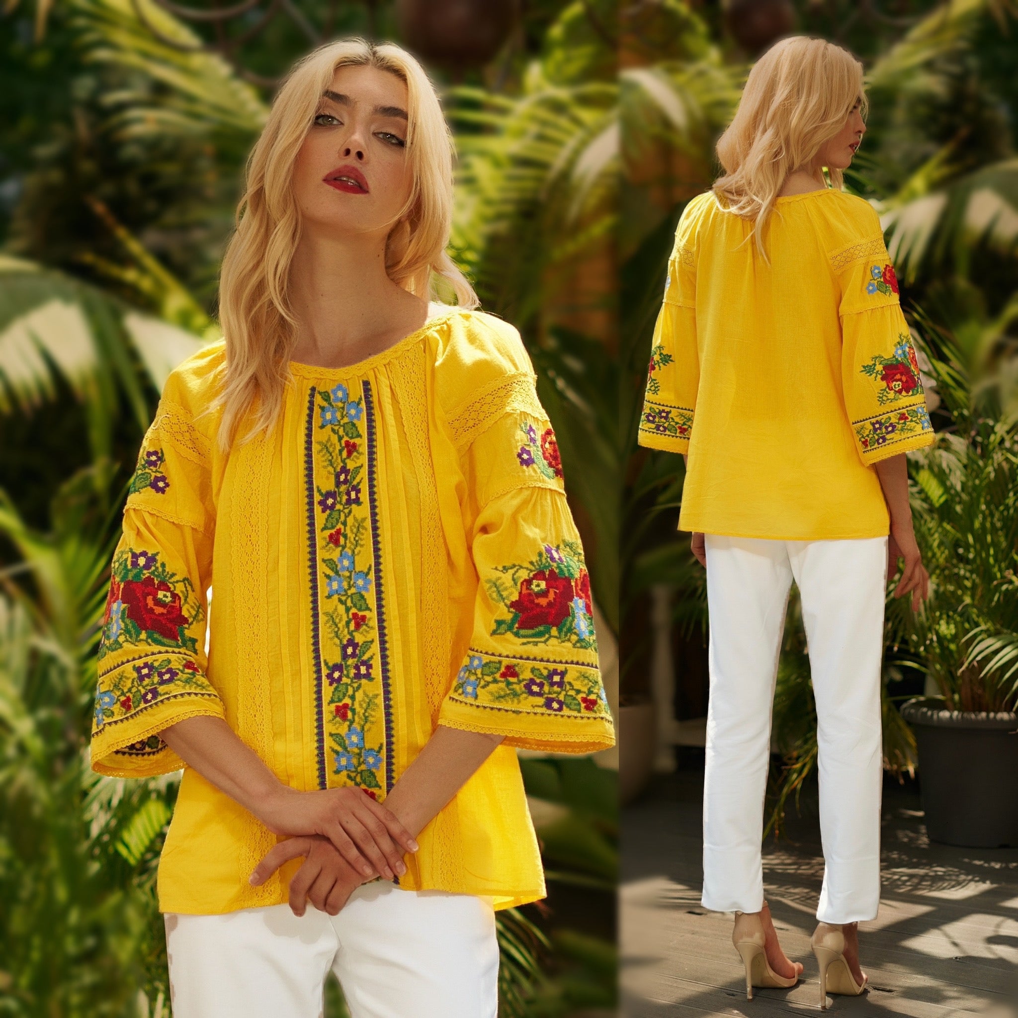 Bluza tip ie traditionala galbena cu dantela si flori brodate - Livia 01