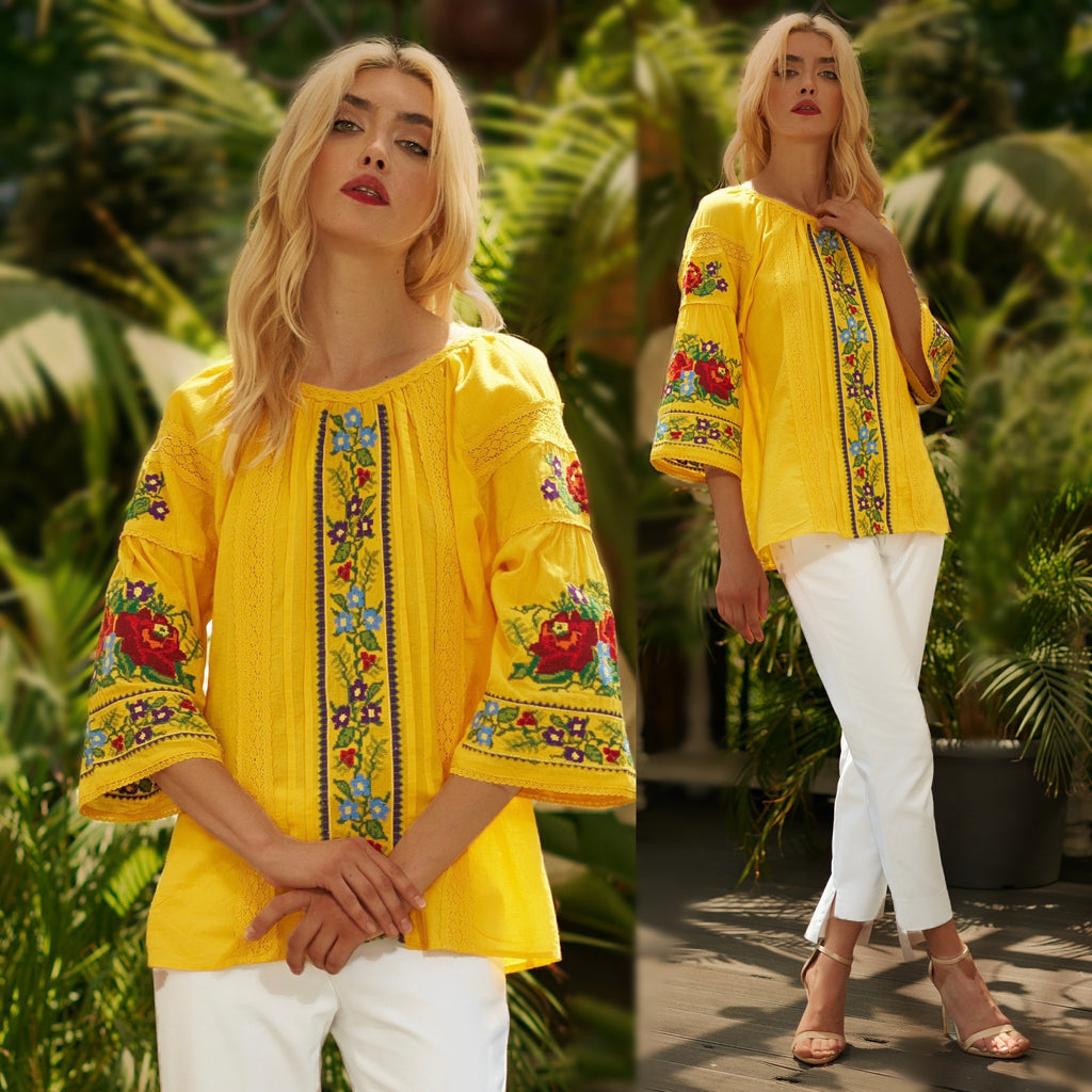 Bluza tip ie traditionala galbena cu dantela si flori brodate - Livia 01