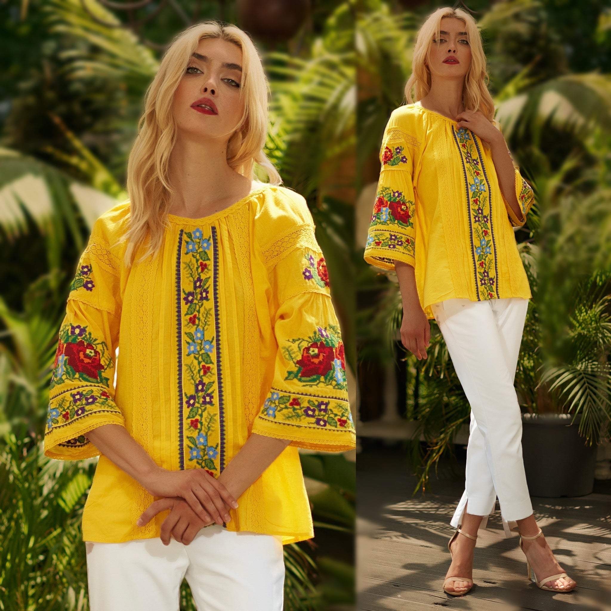 Bluza tip ie traditionala galbena cu dantela si flori brodate - Livia 01