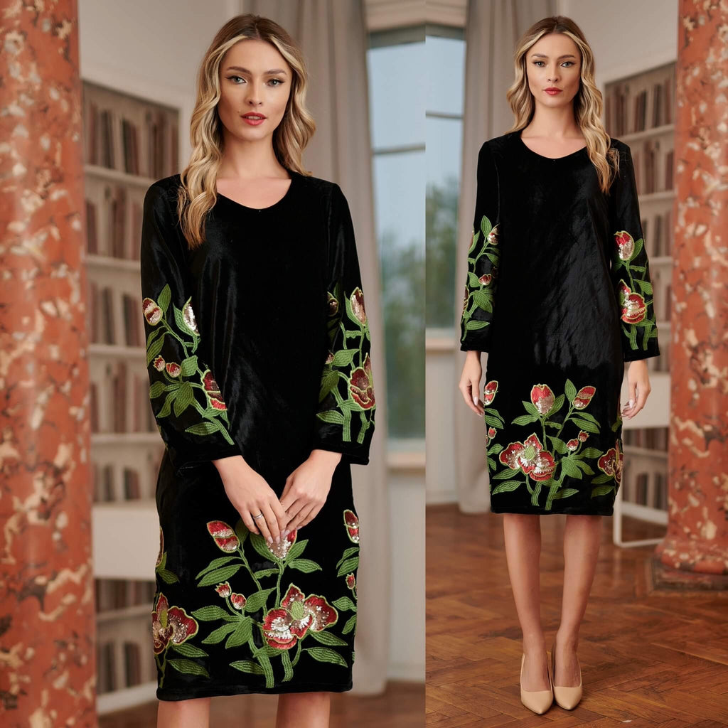 Rochie brodata din catifea neagra cu broderie florala - Tania negru 01