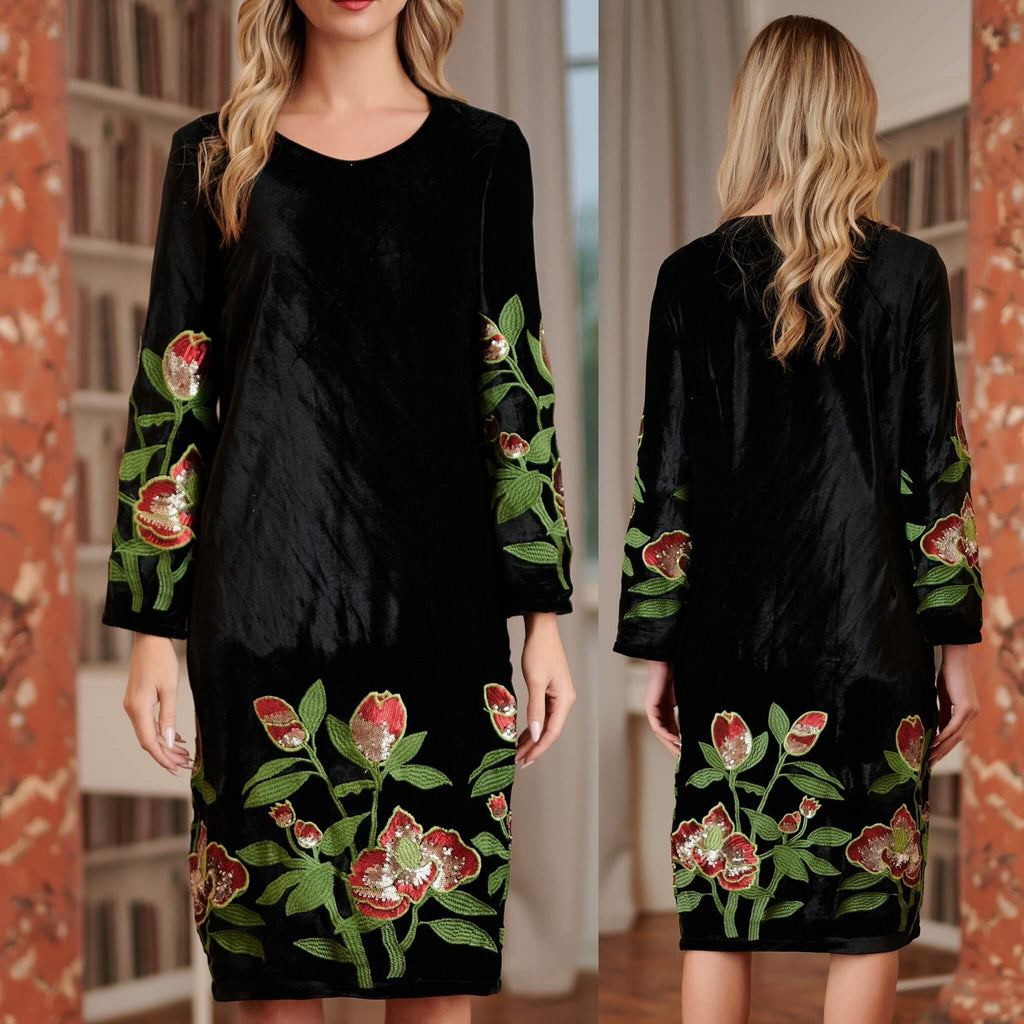 Rochie brodata din catifea neagra cu broderie florala - Tania negru 01