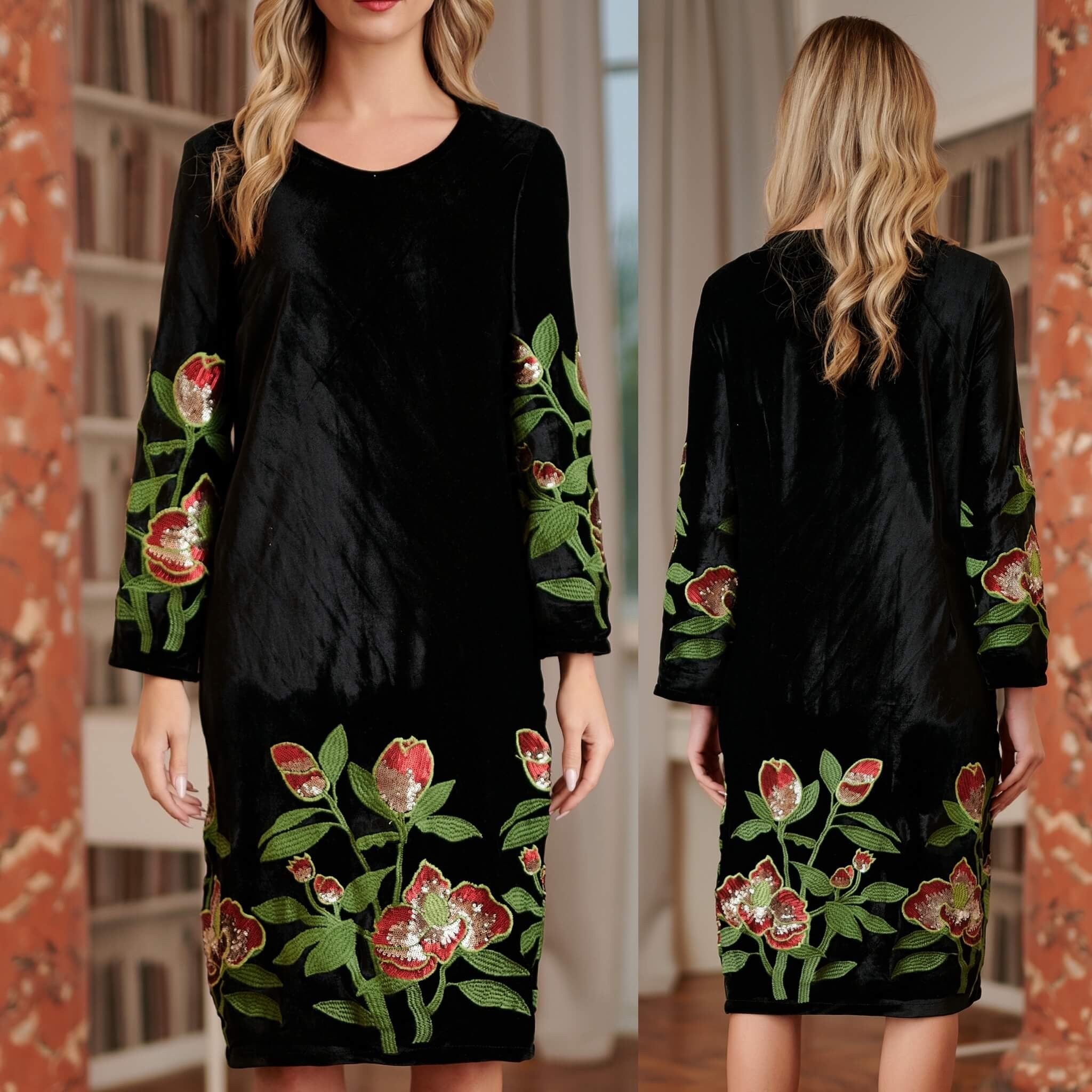 Rochie brodata din catifea neagra cu broderie florala - Tania negru 01