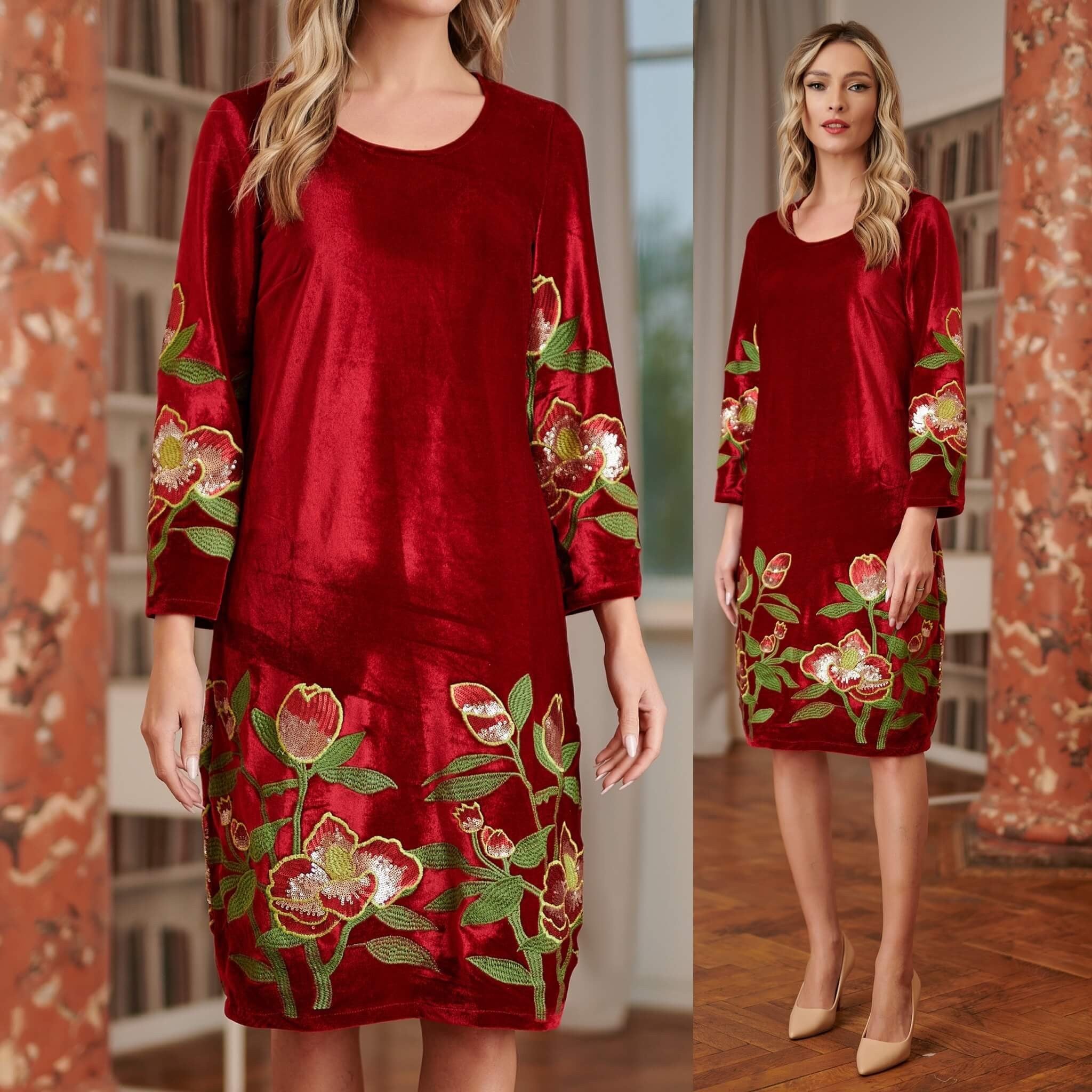 Rochie brodata din catifea rosie cu broderie florala - Tania rosu 02