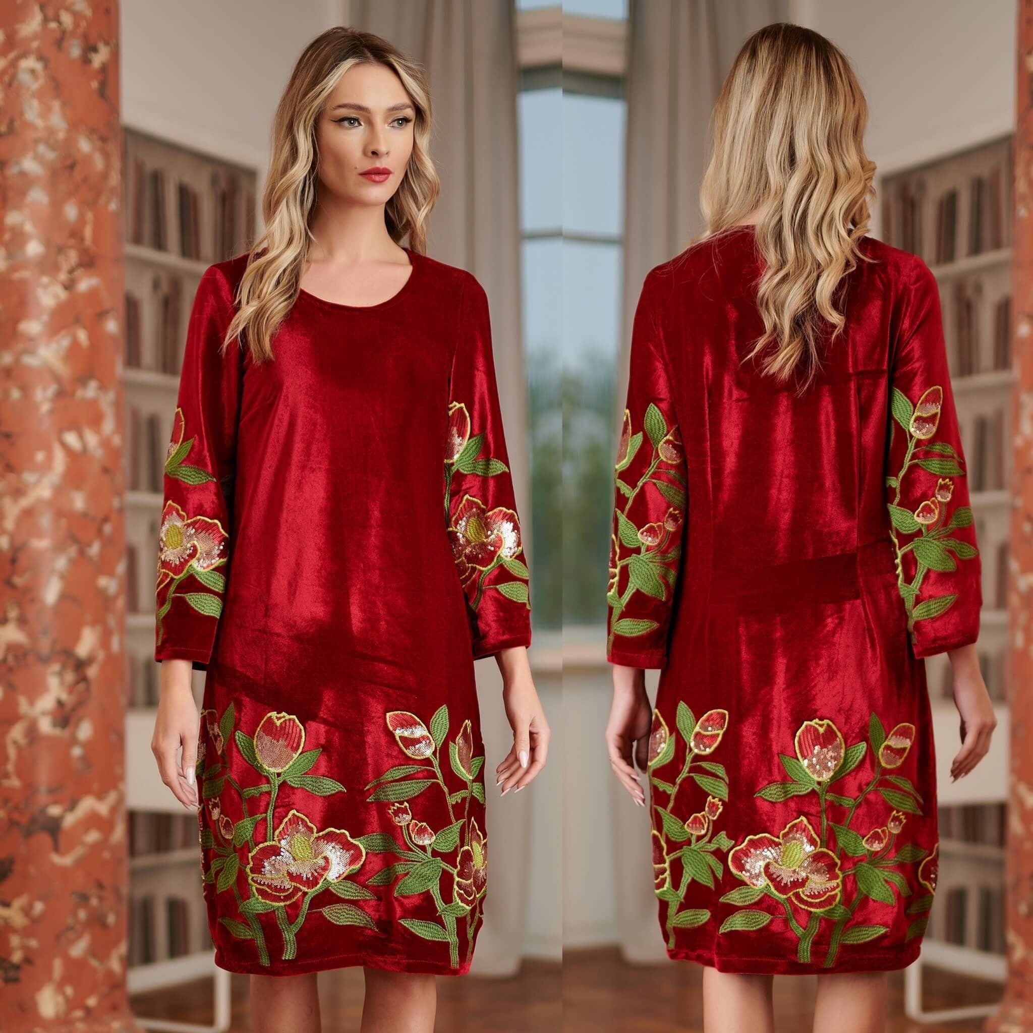 Rochie brodata din catifea rosie cu broderie florala - Tania rosu 02