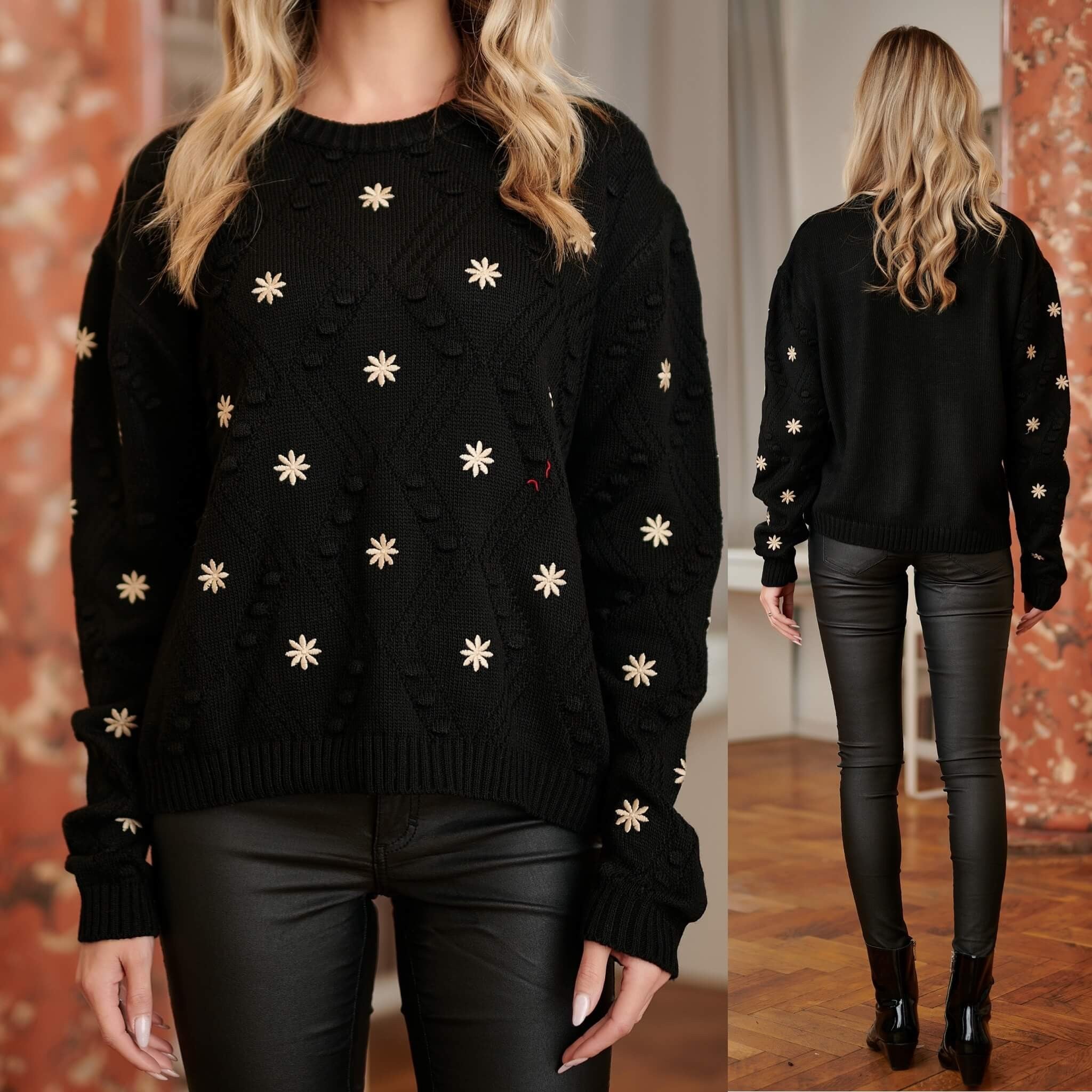 Pulover brodat din tricot - Magda negru 03