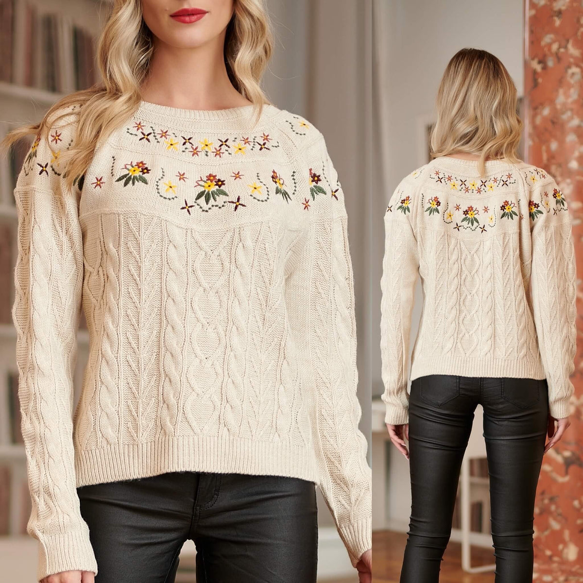 Pulover brodat, crem din tricot - Silvia