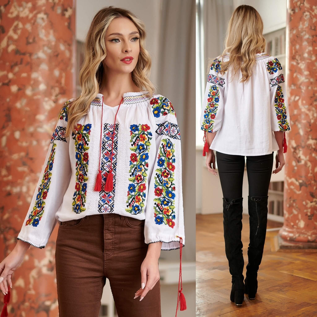 IE Traditionala alba cu broderie florala - Madalina