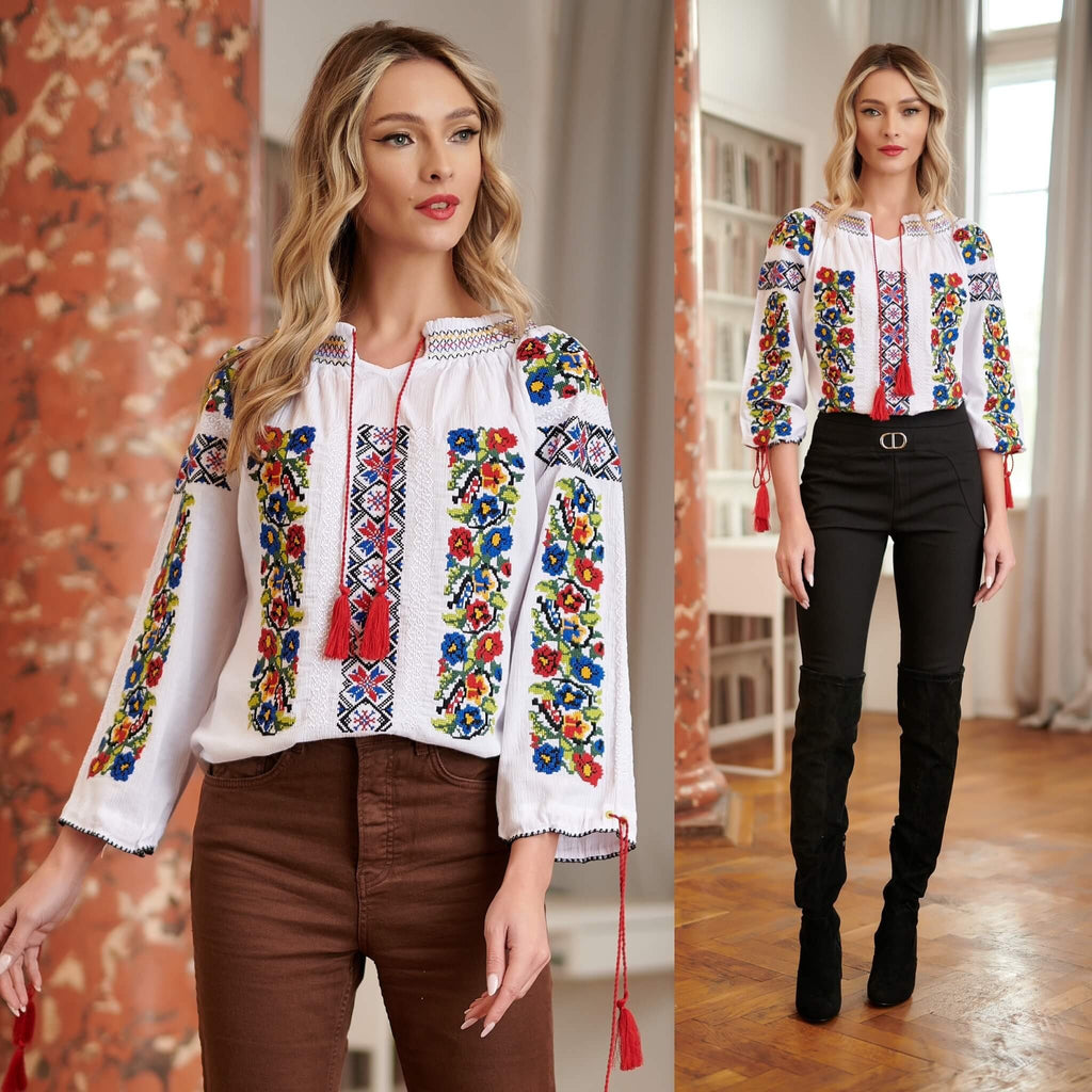 IE Traditionala alba cu broderie florala - Madalina