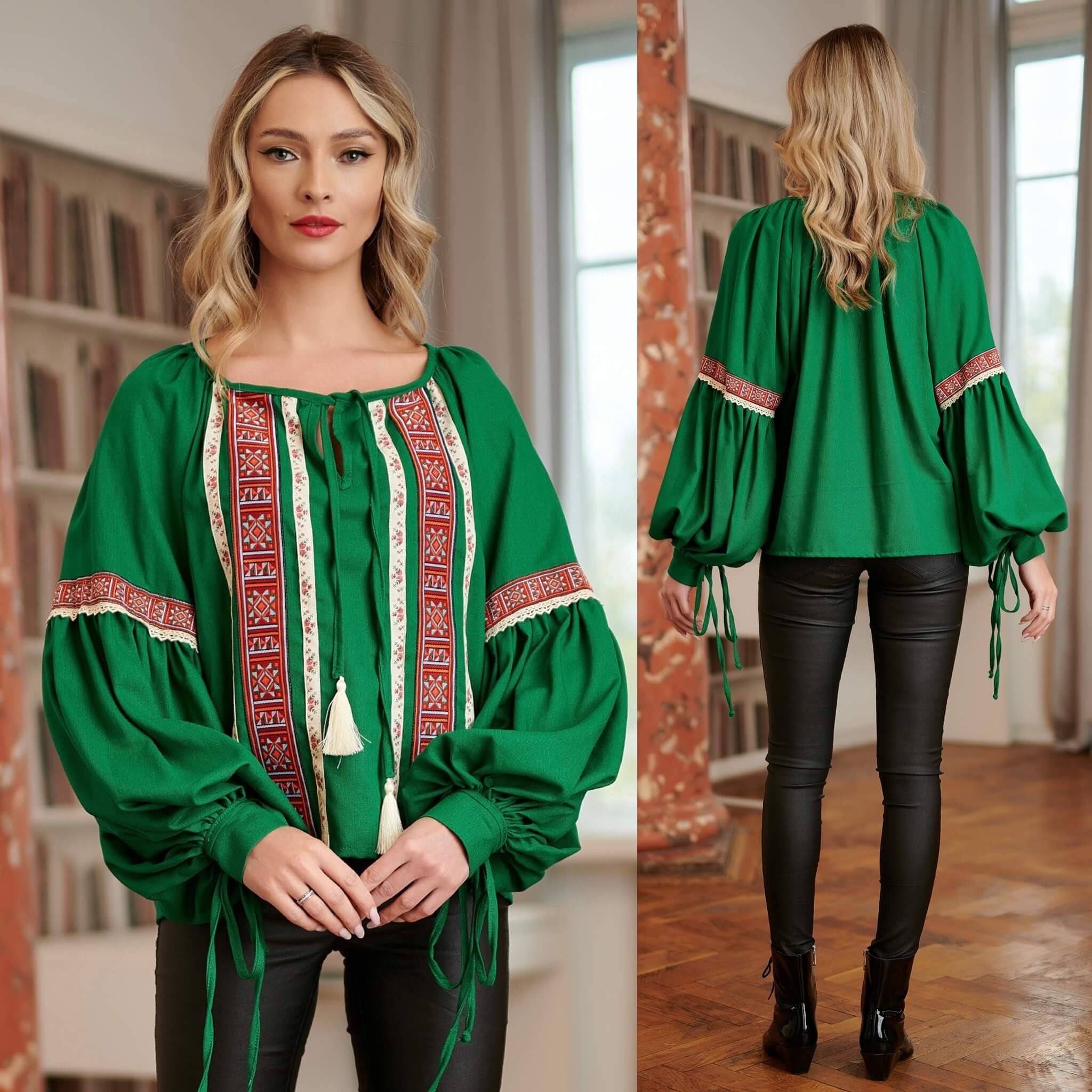 IE Nationala din in verde, stilizata modern cu maneci bufante - Eva 03