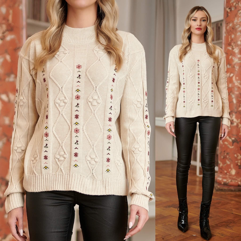 Pulover brodat, crem din tricot si broderie florala - Carmen