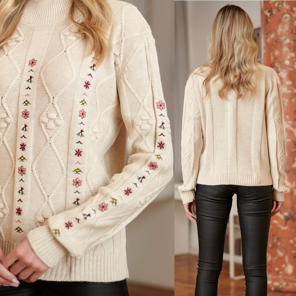 Pulover brodat, crem din tricot si broderie florala - Carmen