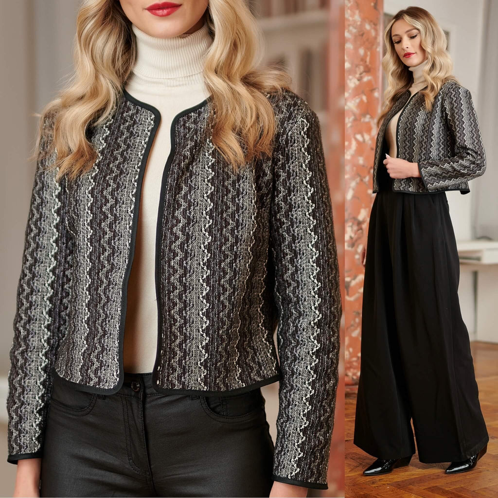 Sacou scurt din stofa cu model tesut - Felicia gri, negru 01