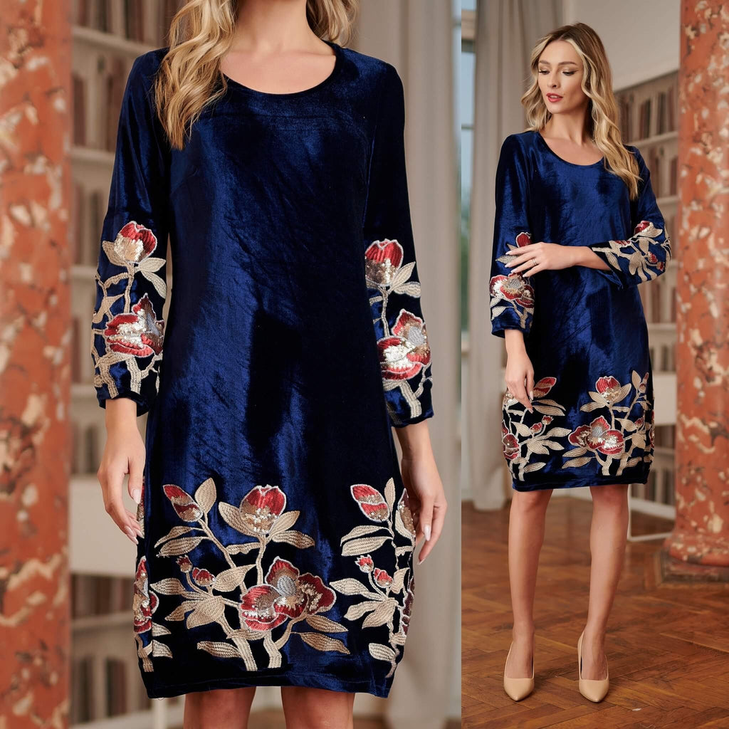 Rochie brodata din catifea bleumarin cu broderie florala - Tania crem 03