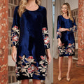 Rochie brodata din catifea bleumarin cu broderie florala - Tania crem 03