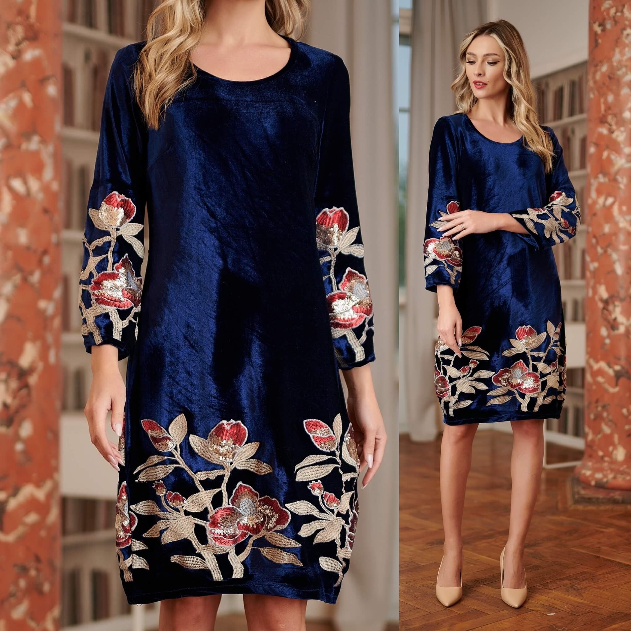 Rochie brodata din catifea bleumarin cu broderie florala - Tania crem 03