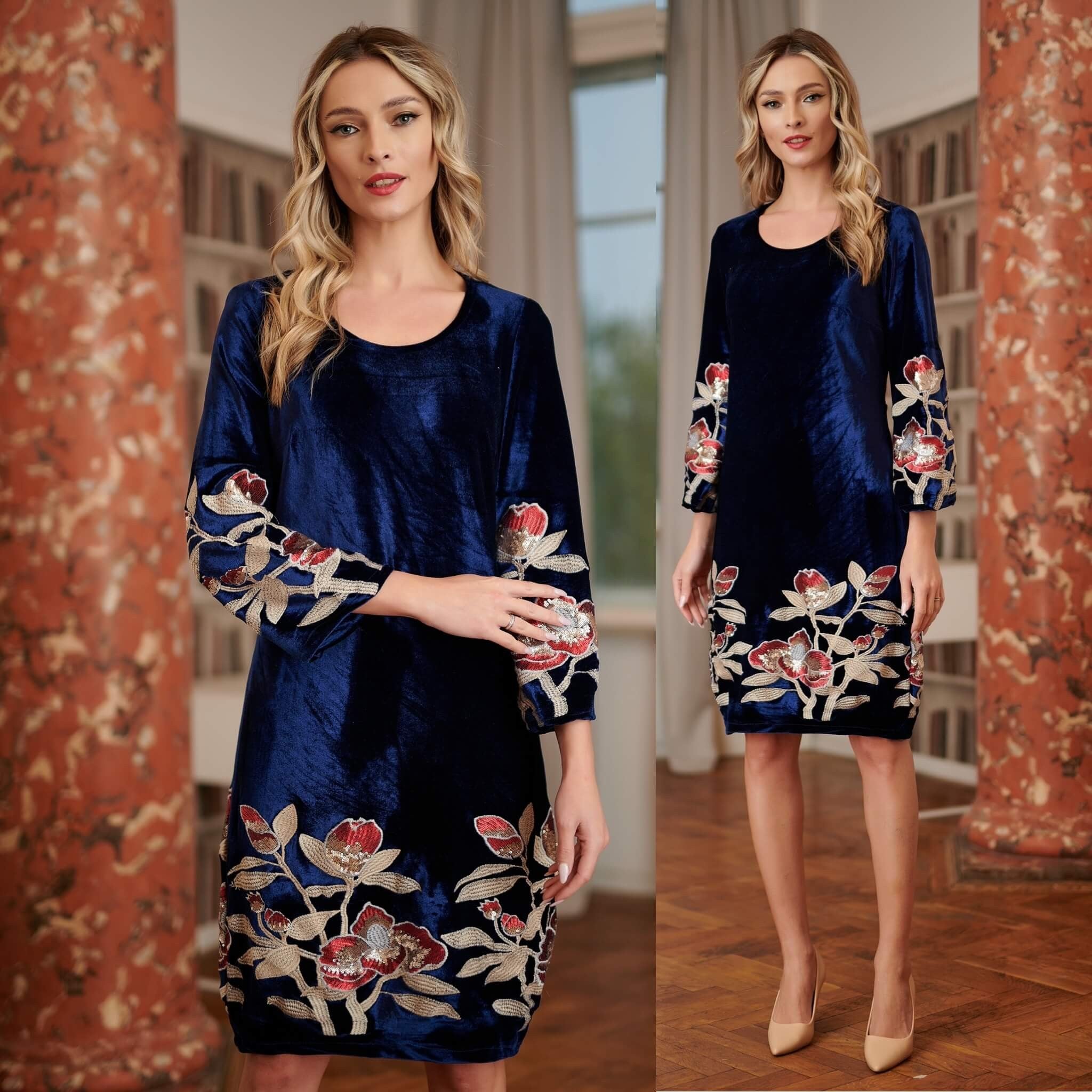 Rochie brodata din catifea bleumarin cu broderie florala - Tania crem 03