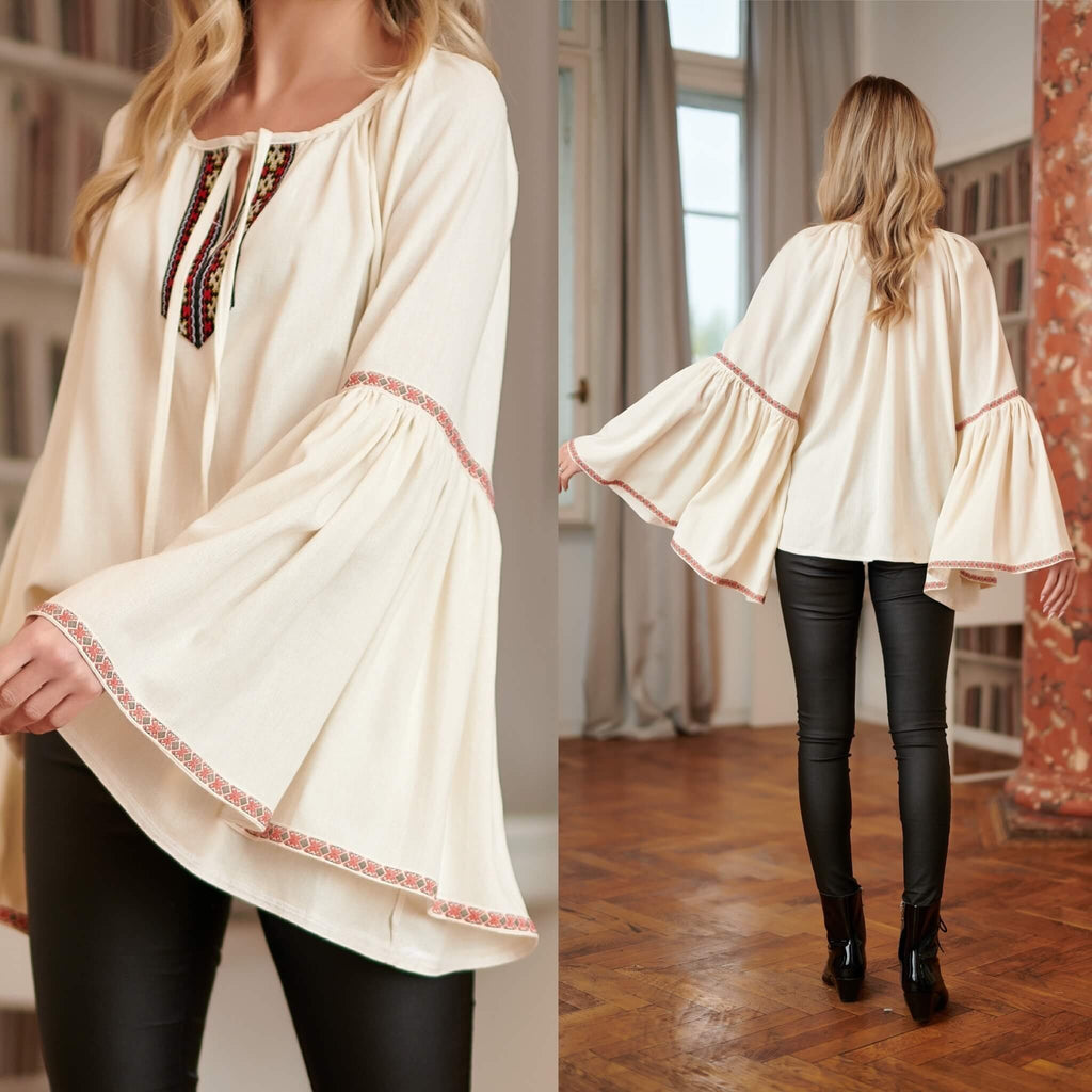 IE Nationala din in crem cu maneci evazate, dantela tesuta si ciucuri - Maria 03