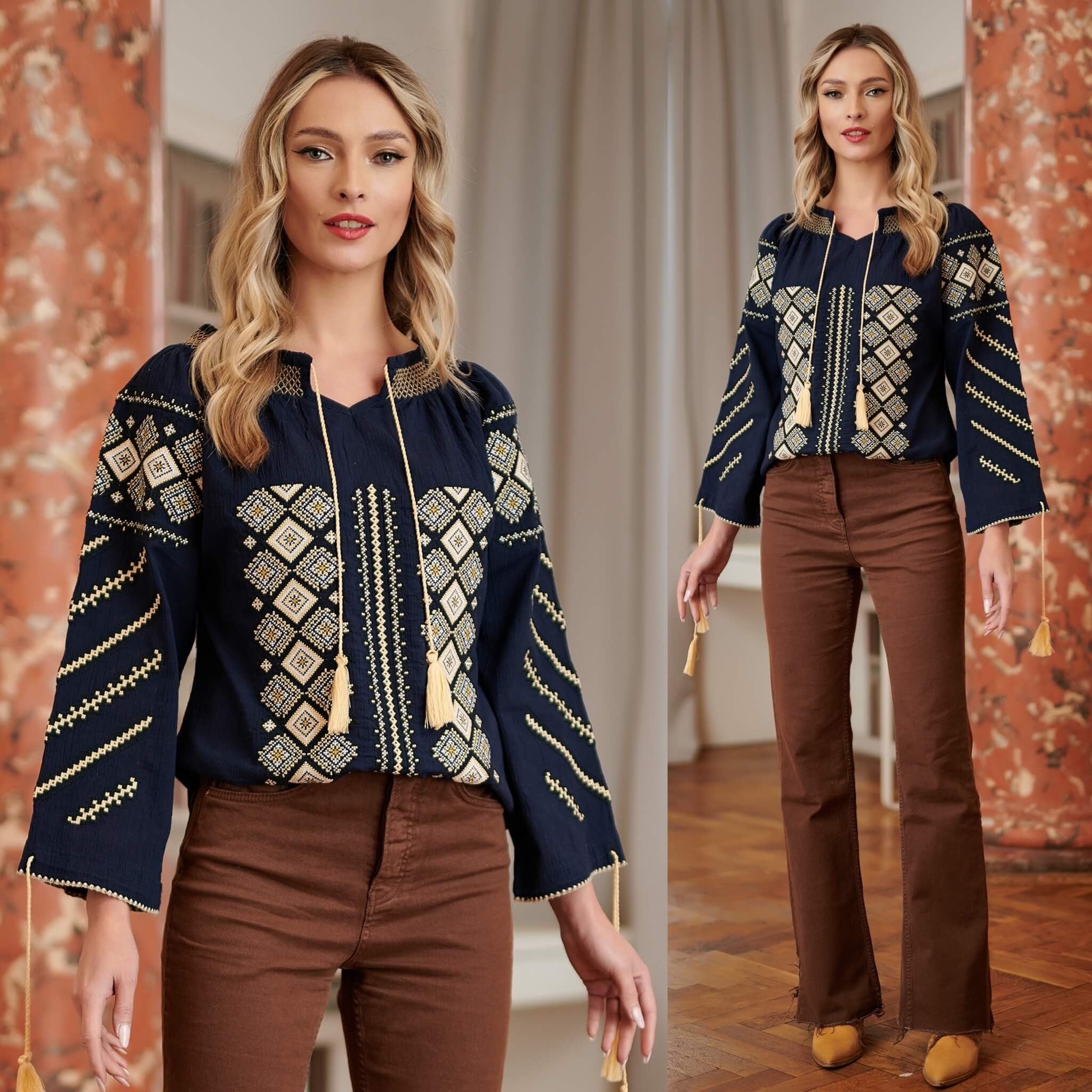 IE Traditionala bleumarin cu broderie crem - Romb 02