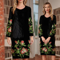 Rochie brodata din catifea neagra cu broderie florala - Tania negru 01