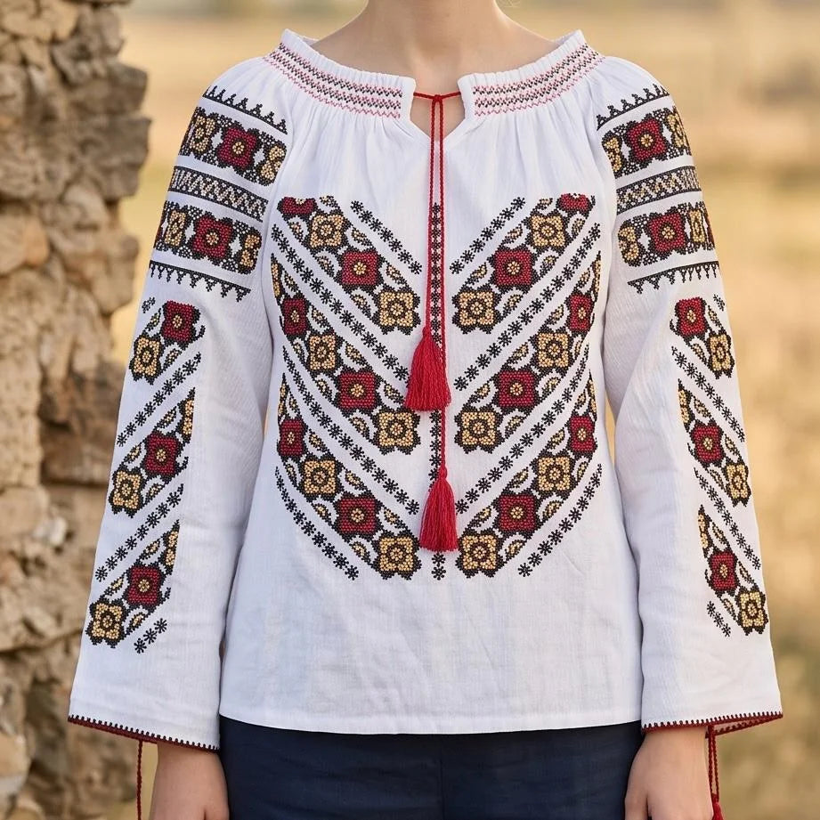 IE Traditionala alba cu maneca lunga si flori brodate - Valentina