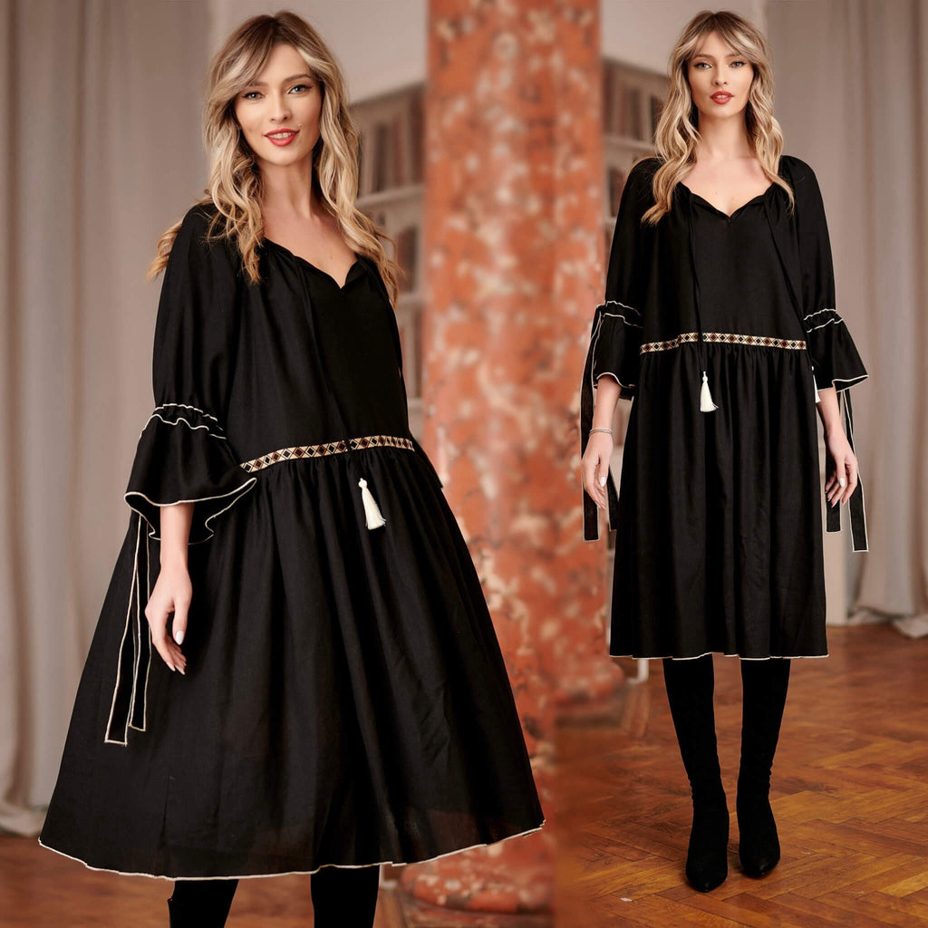 Rochie neagra din in natural, tip IE Traditionala cu volane - Alina