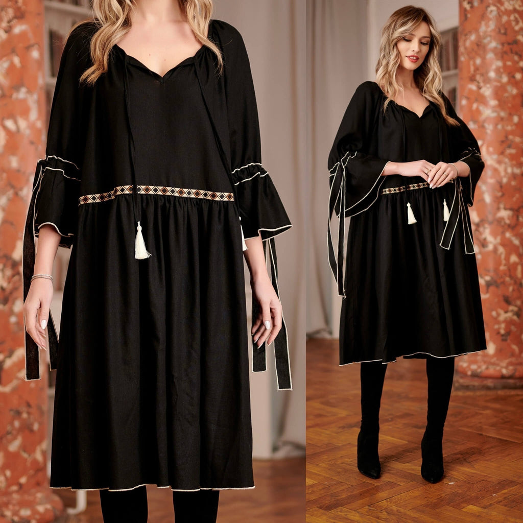 Rochie neagra din in natural, tip IE Traditionala cu volane - Alina
