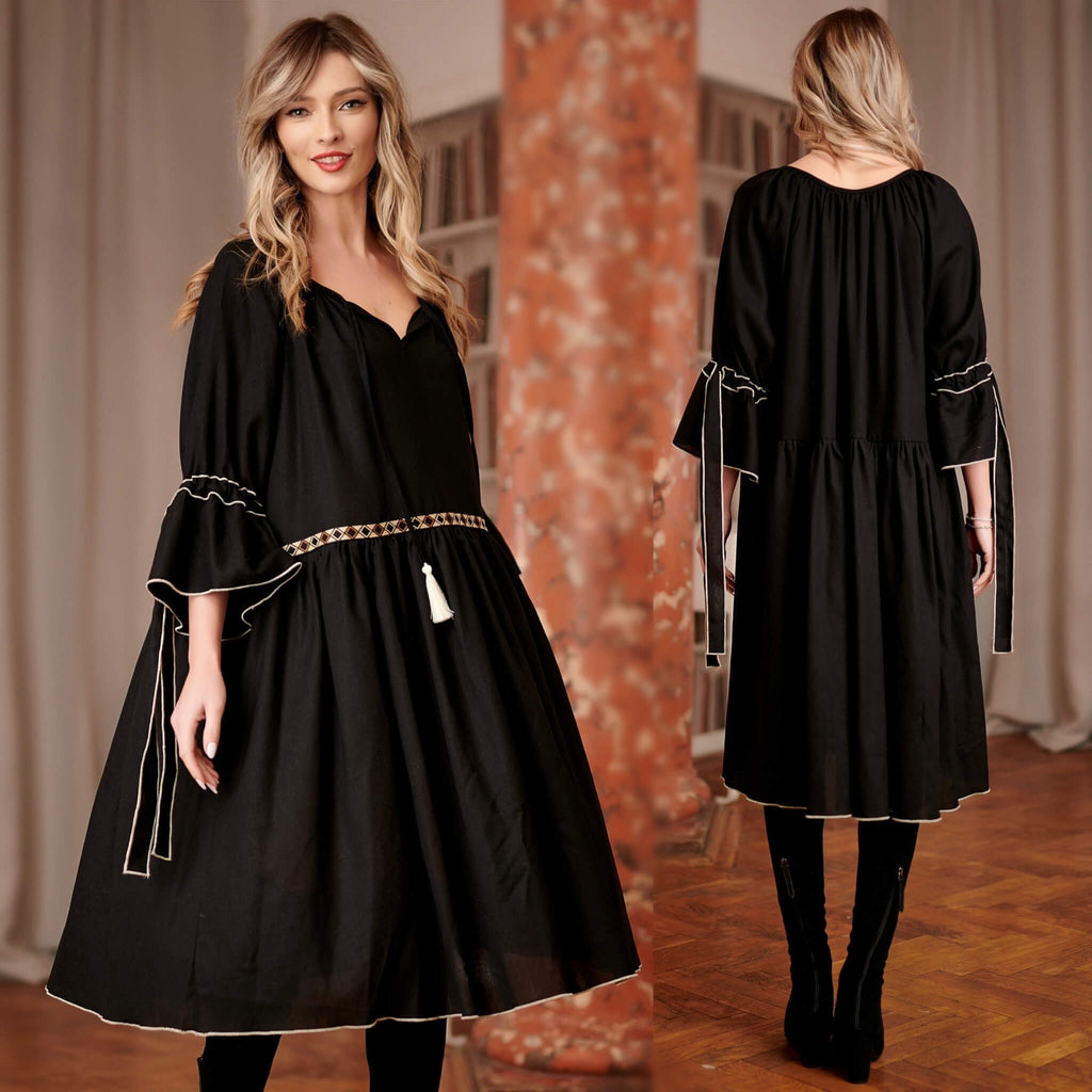 Rochie neagra din in natural, tip IE Traditionala cu volane - Alina