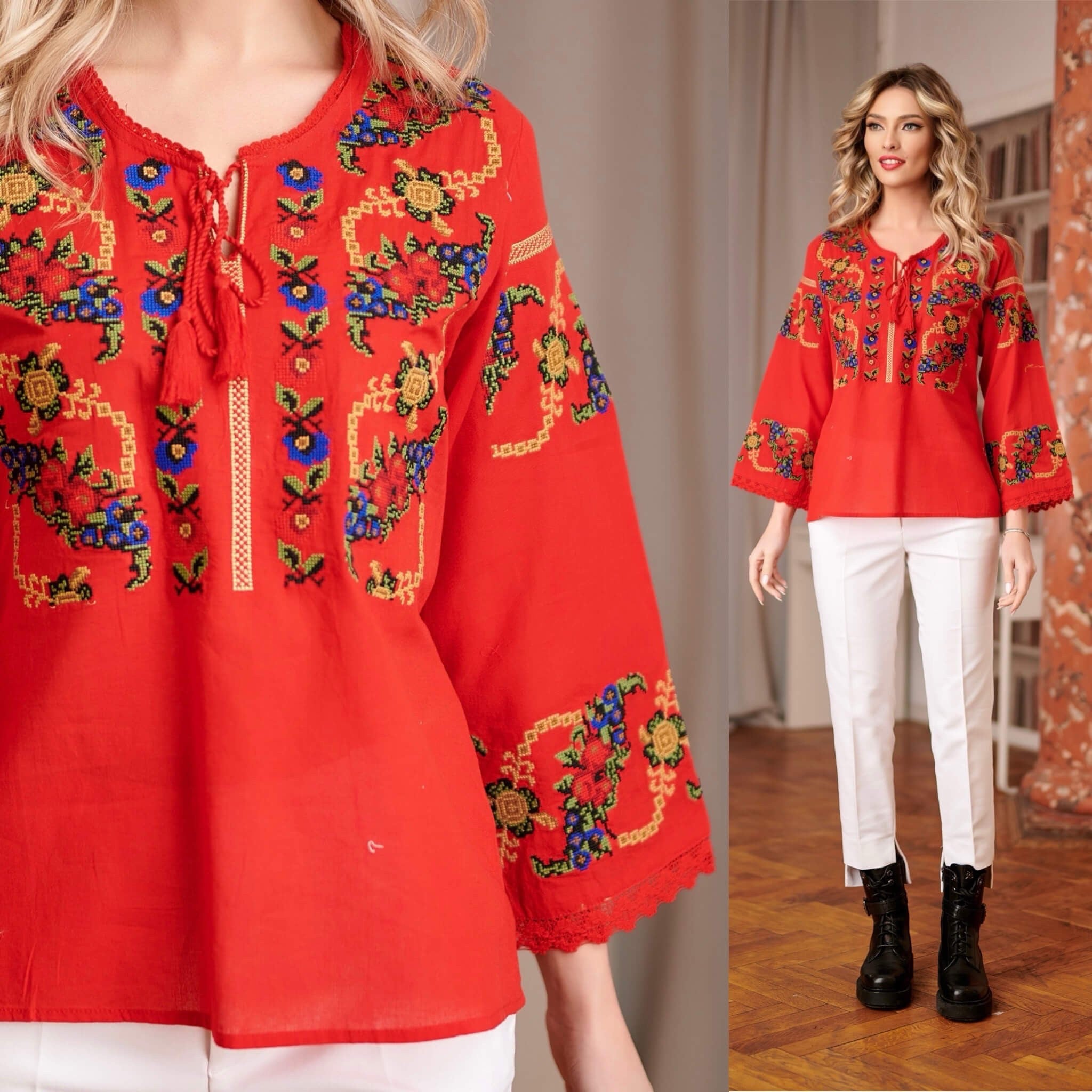 IE Traditionala rosie, broderie florala si dantela - Vica 01