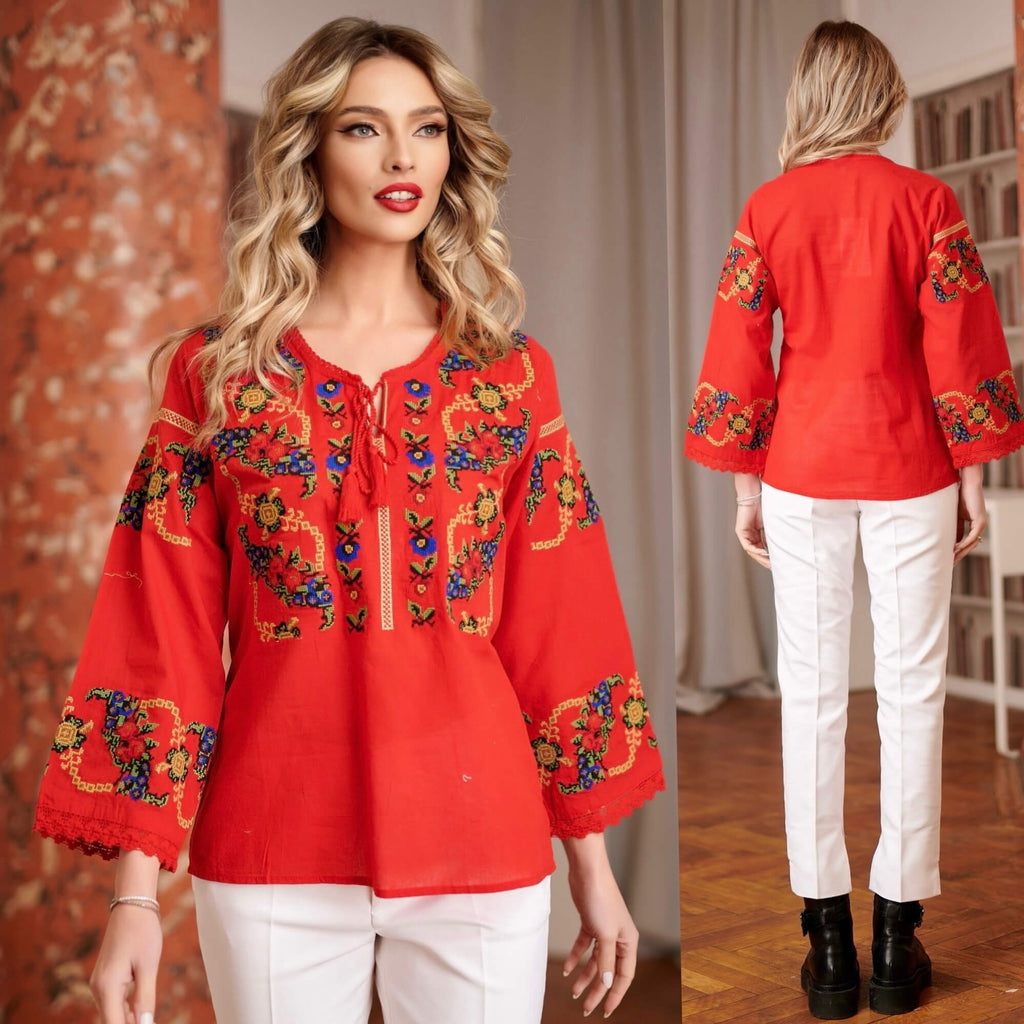 IE Traditionala rosie, broderie florala si dantela - Vica 01