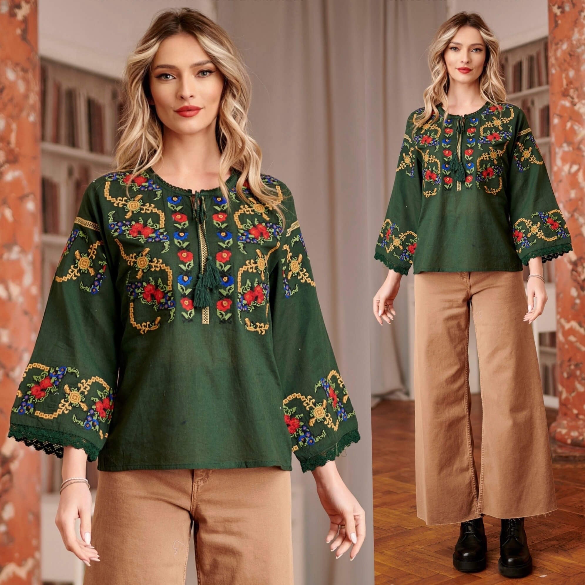 IE Traditionala verde, broderie florala si dantela - Vica 02