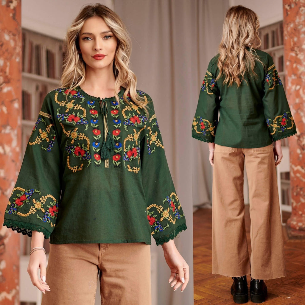 IE Traditionala verde, broderie florala si dantela - Vica 02