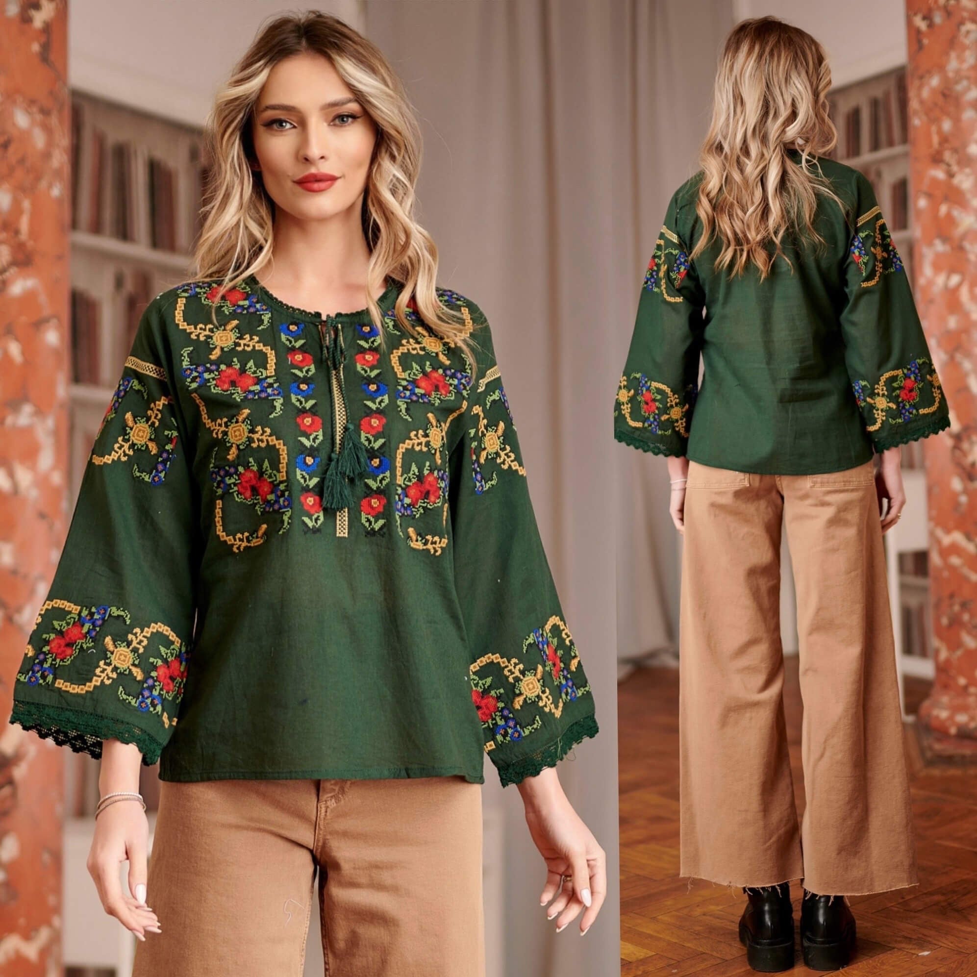 IE Traditionala verde, broderie florala si dantela - Vica 02