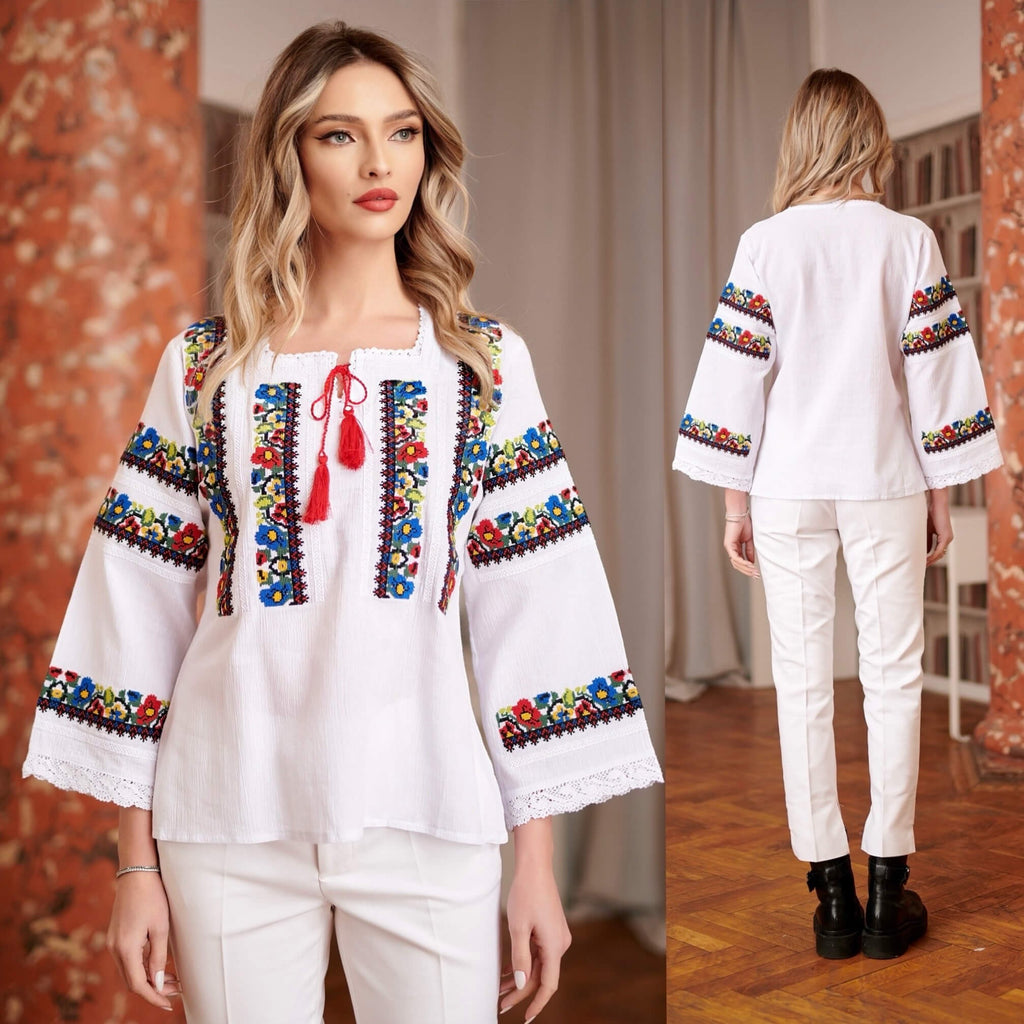 IE Traditionala alba cu motive florale brodate - Diana