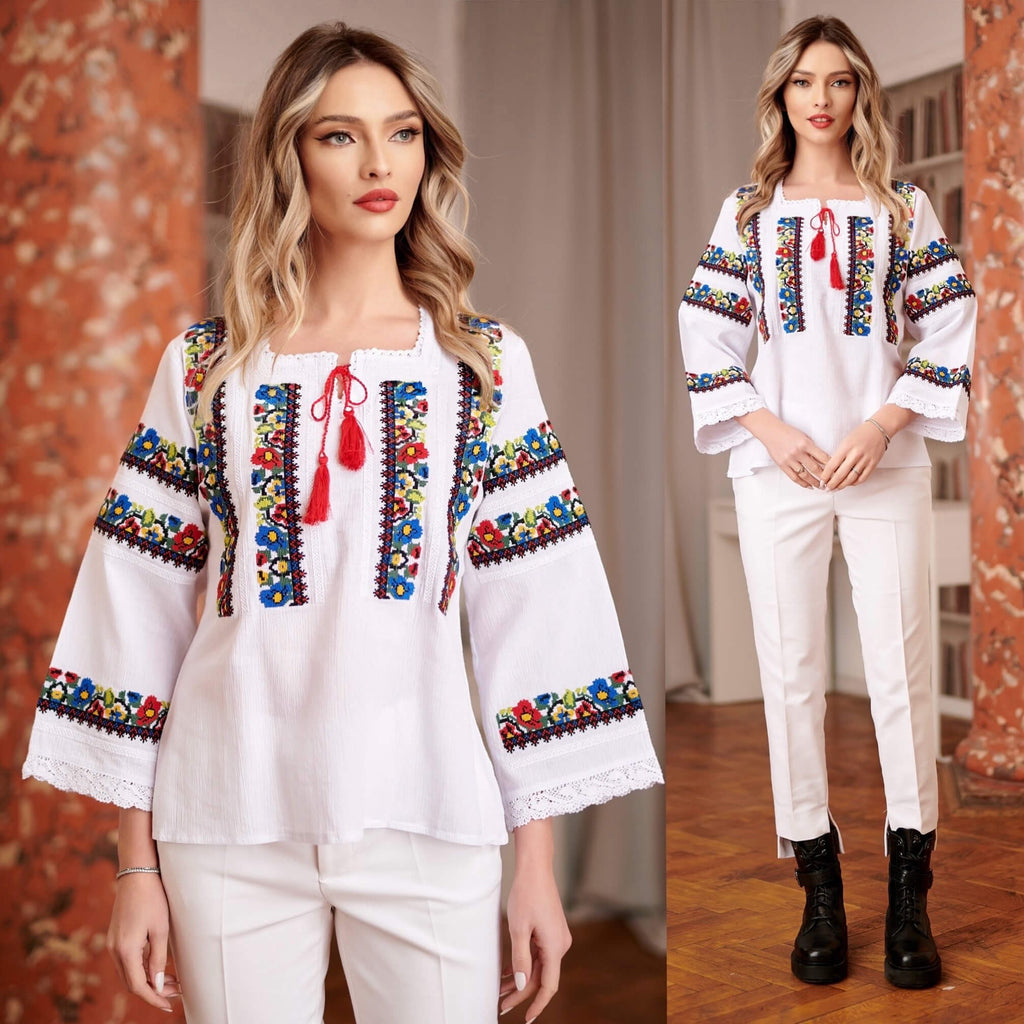 IE Traditionala alba cu motive florale brodate - Diana