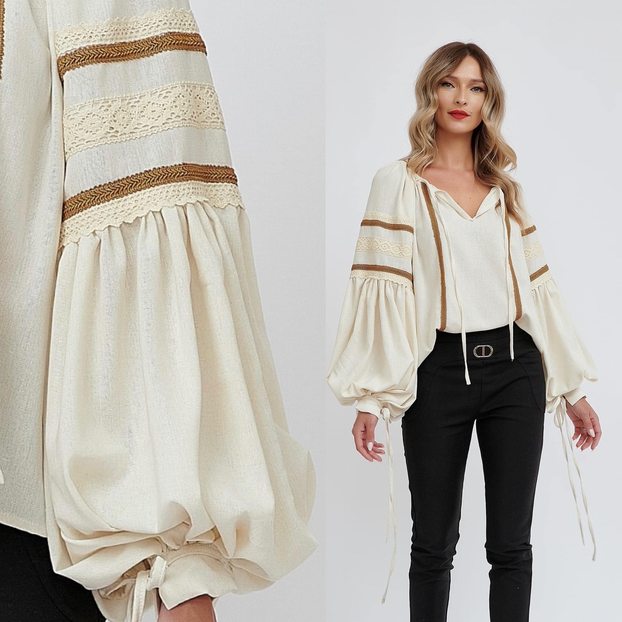 IE Nationala moderna din in natural, crem, cu maneci bufante si dantela brodata - Ilinca