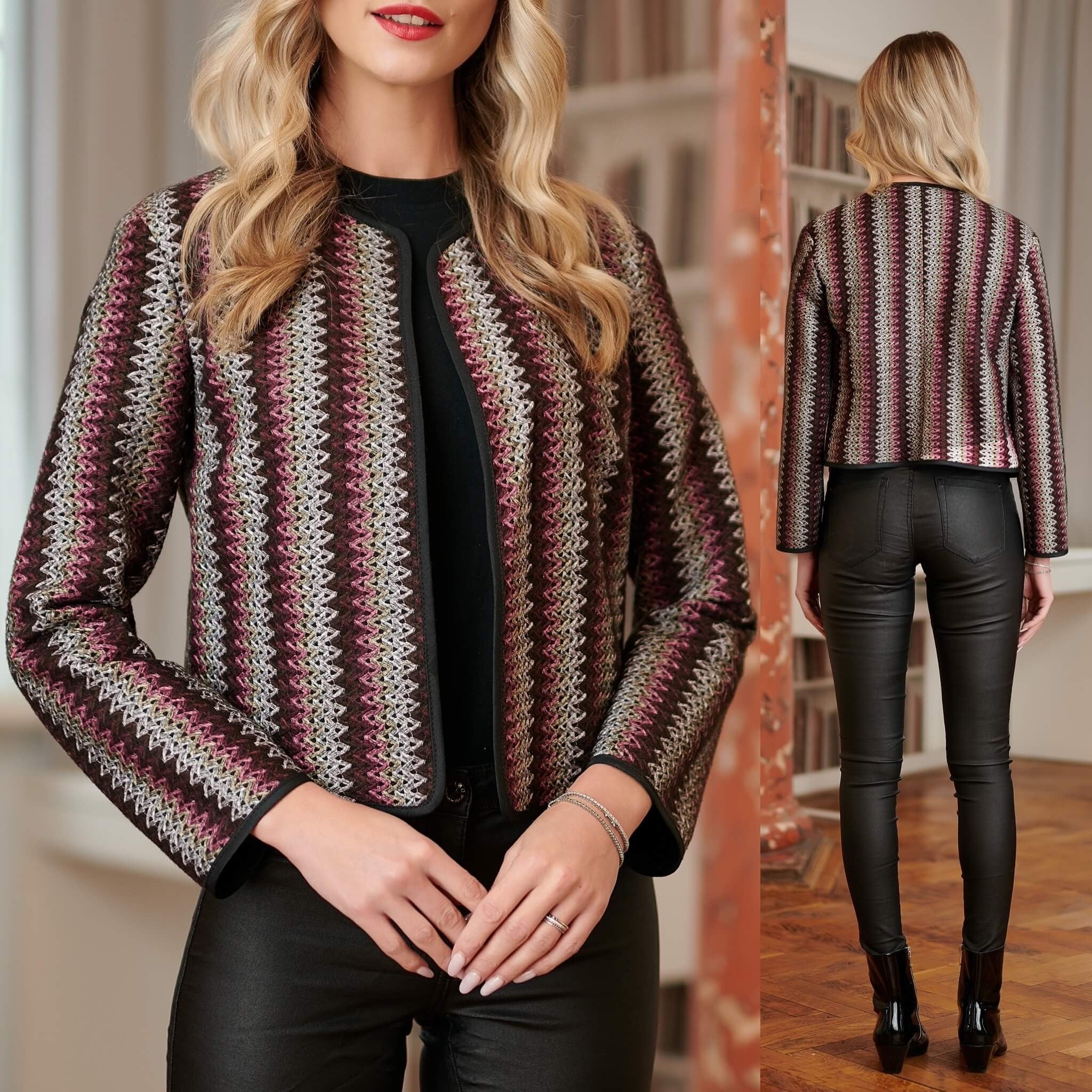 Sacou scurt din stofa cu model tesut roz si gri - Felicia 04