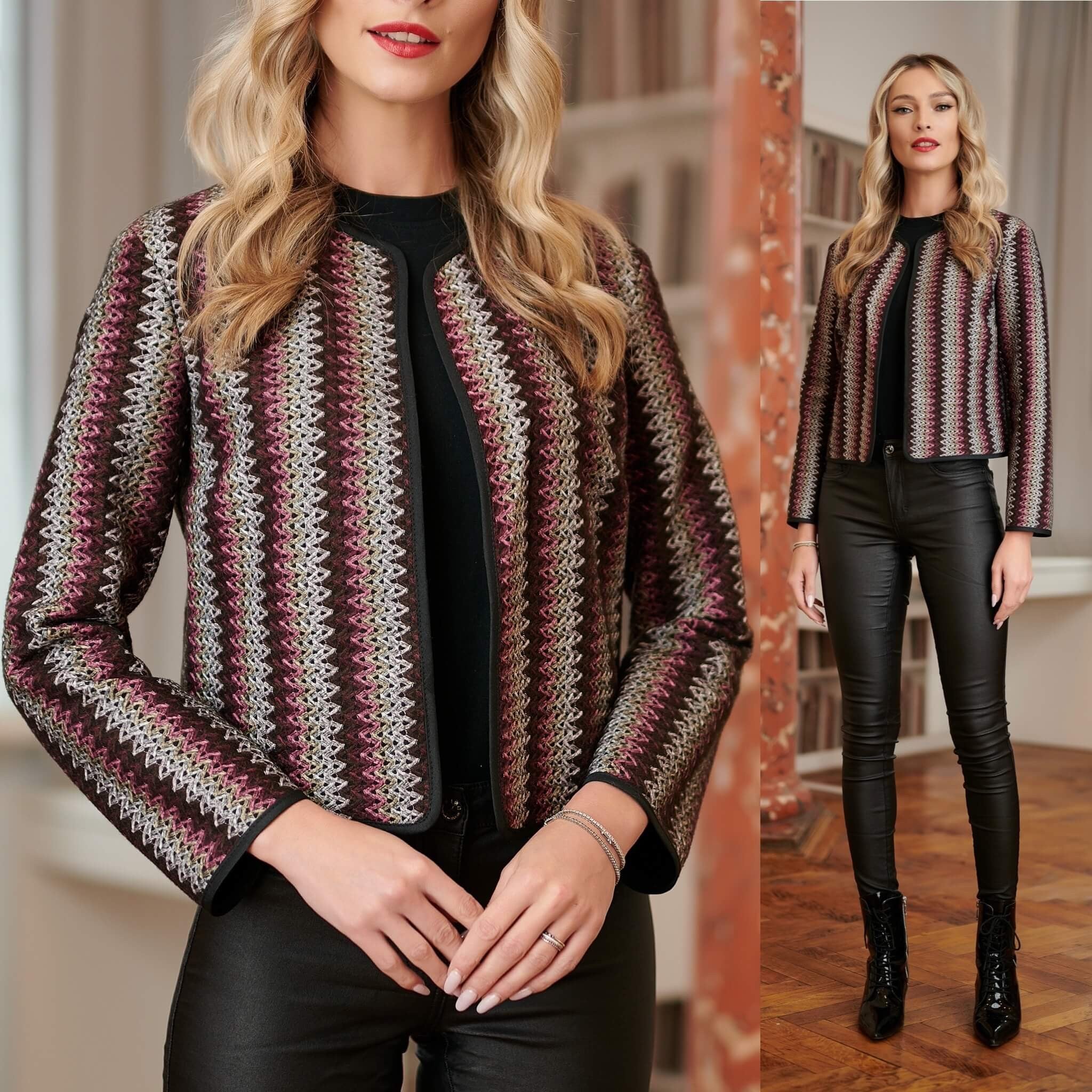 Sacou scurt din stofa cu model tesut roz si gri - Felicia 04