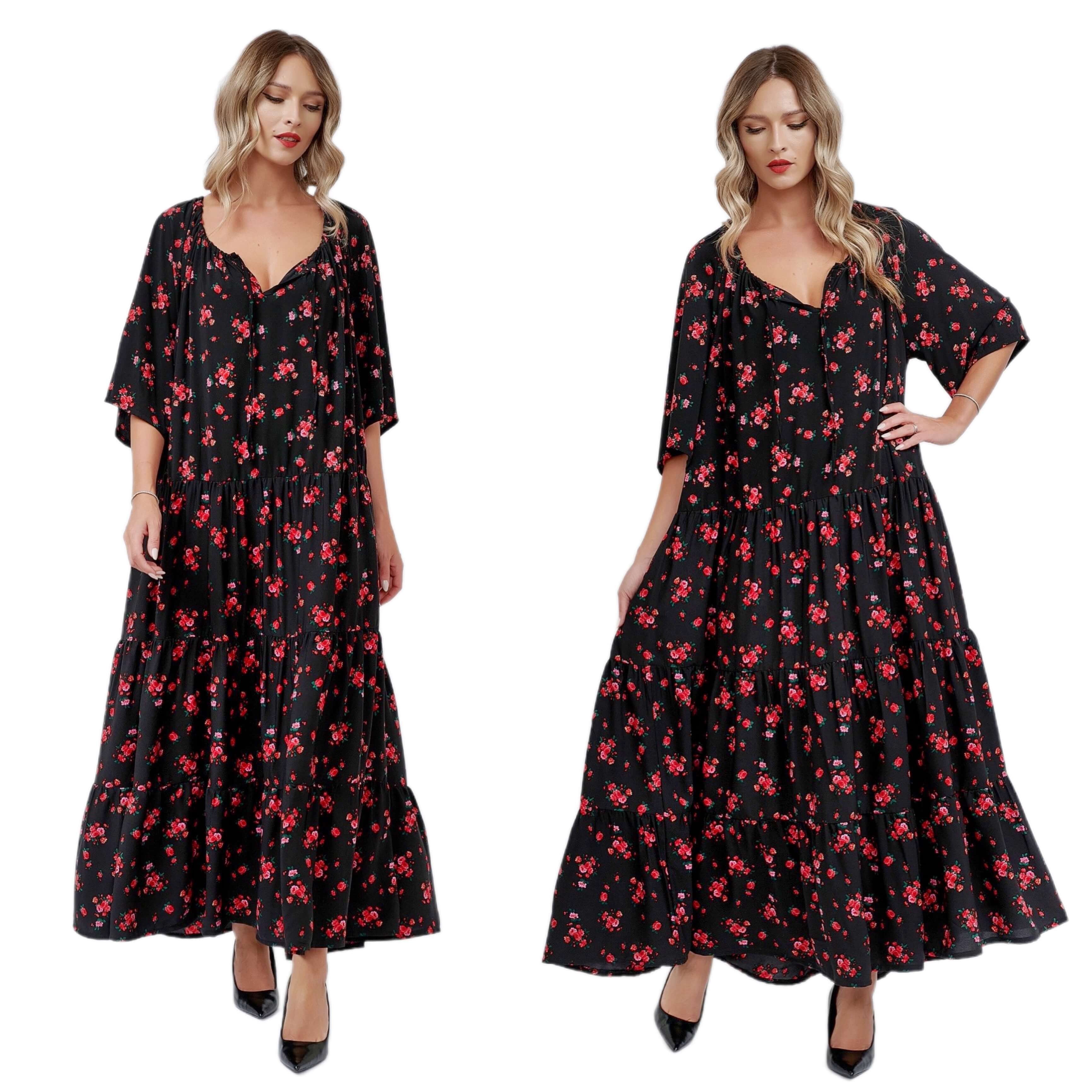 Rochie lunga neagra, cu print floral rosu- Paula negru