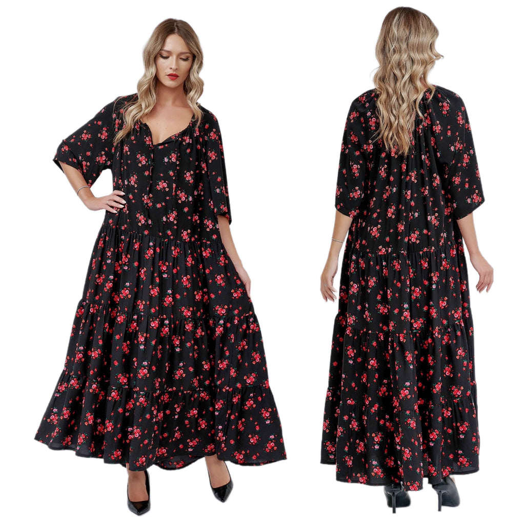 Rochie lunga neagra, cu print floral rosu- Paula negru