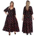 Rochie lunga neagra, cu print floral rosu- Paula negru