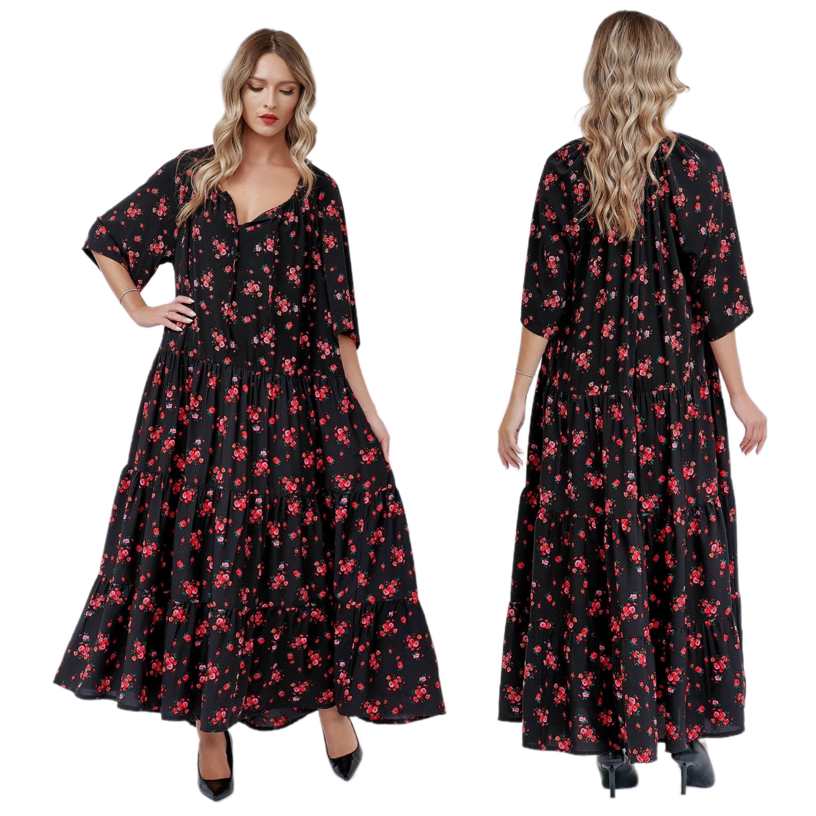 Rochie lunga neagra, cu print floral rosu- Paula negru