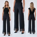 Pantaloni negri lejeri din triplu voal creponat, accesorizati cu dantela - Nadia 02
