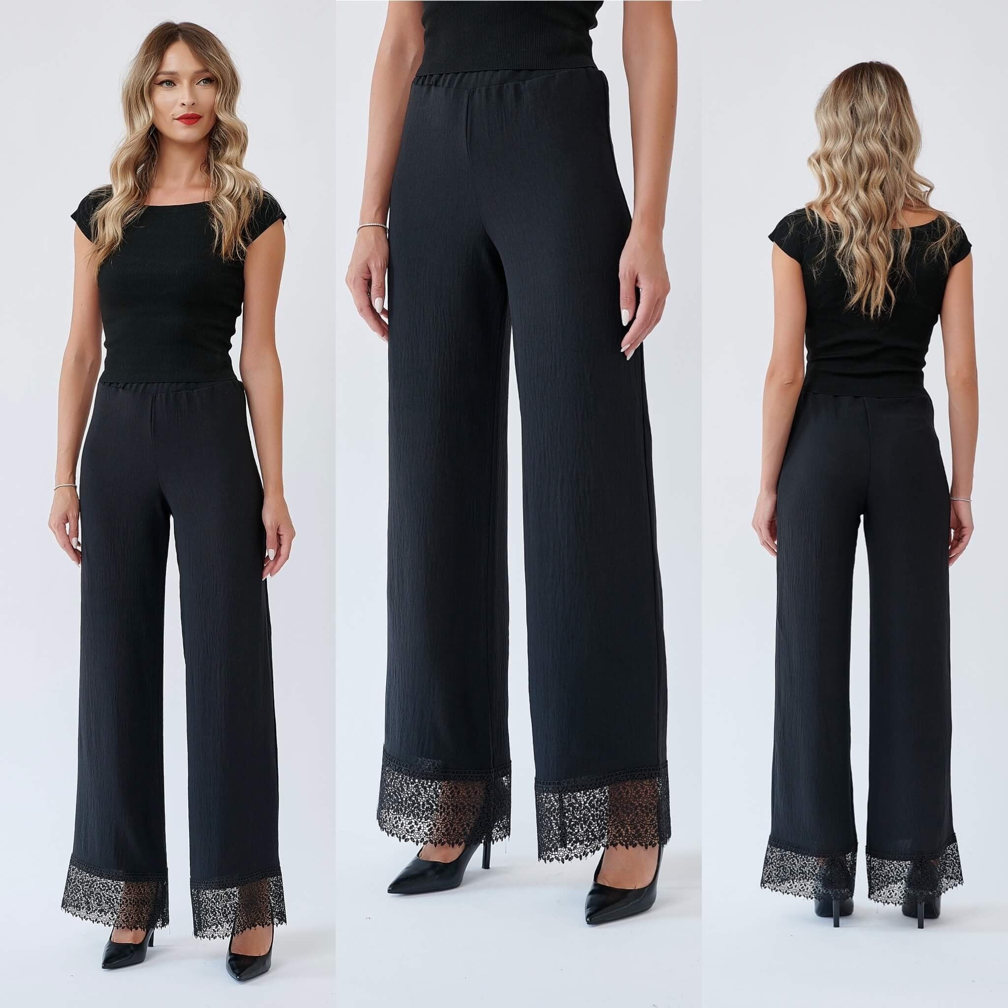 Pantaloni negri lejeri din triplu voal creponat, accesorizati cu dantela - Nadia 02