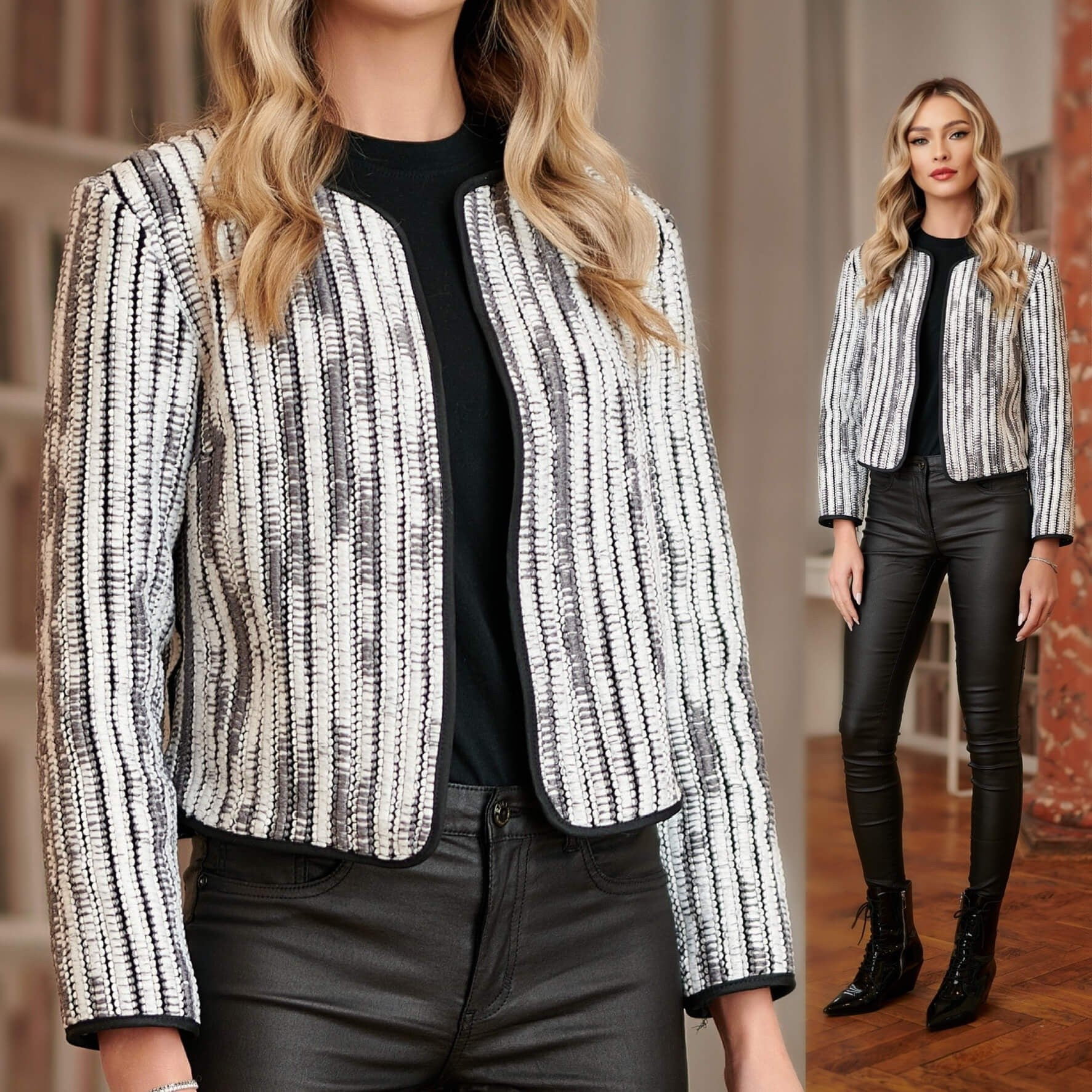 Sacou scurt din stofa tesuta de culoare alba si gri - Felicia alb, gri