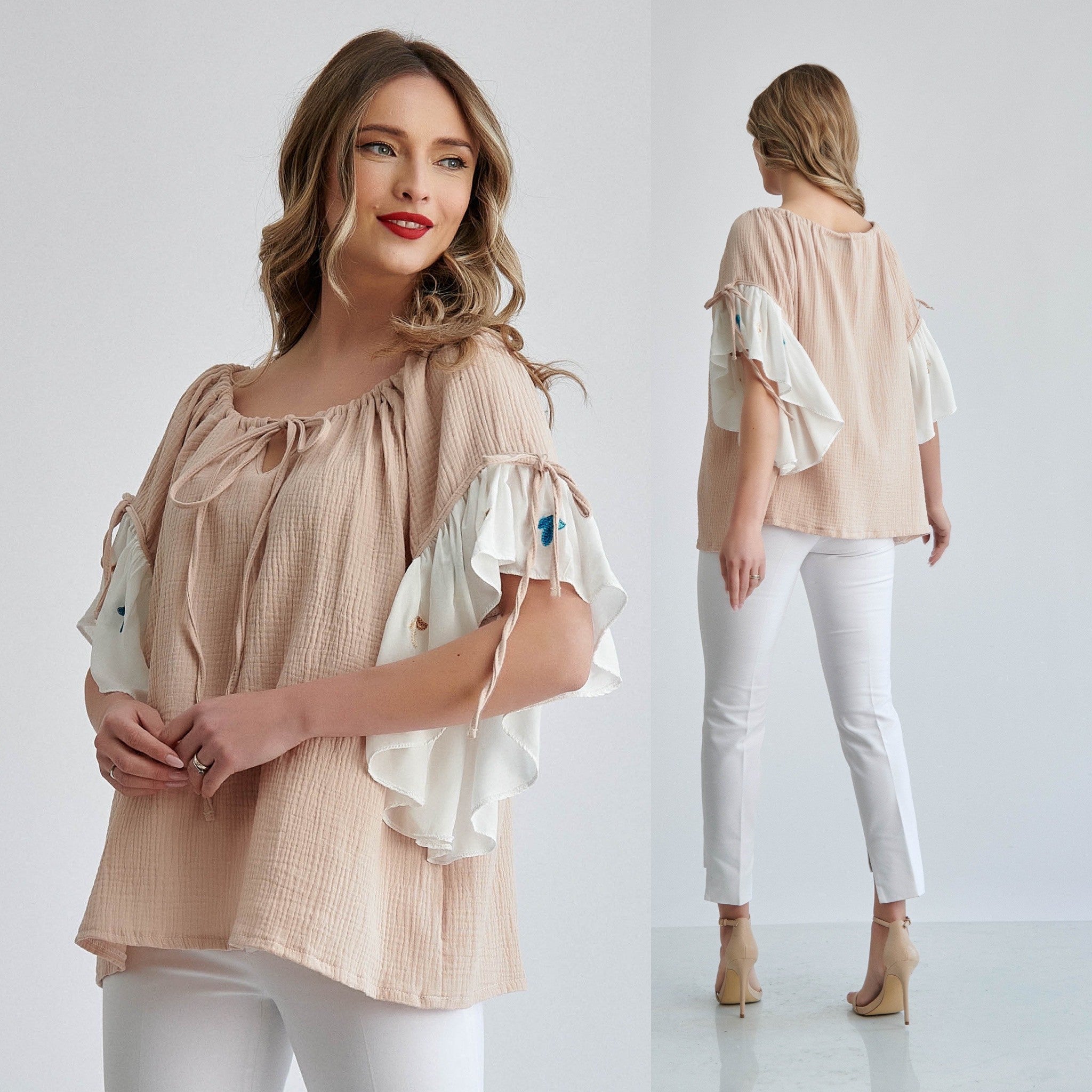 IE Nationala crem din panza topita, tip ie tradionala cu maneci brodate - crem 13